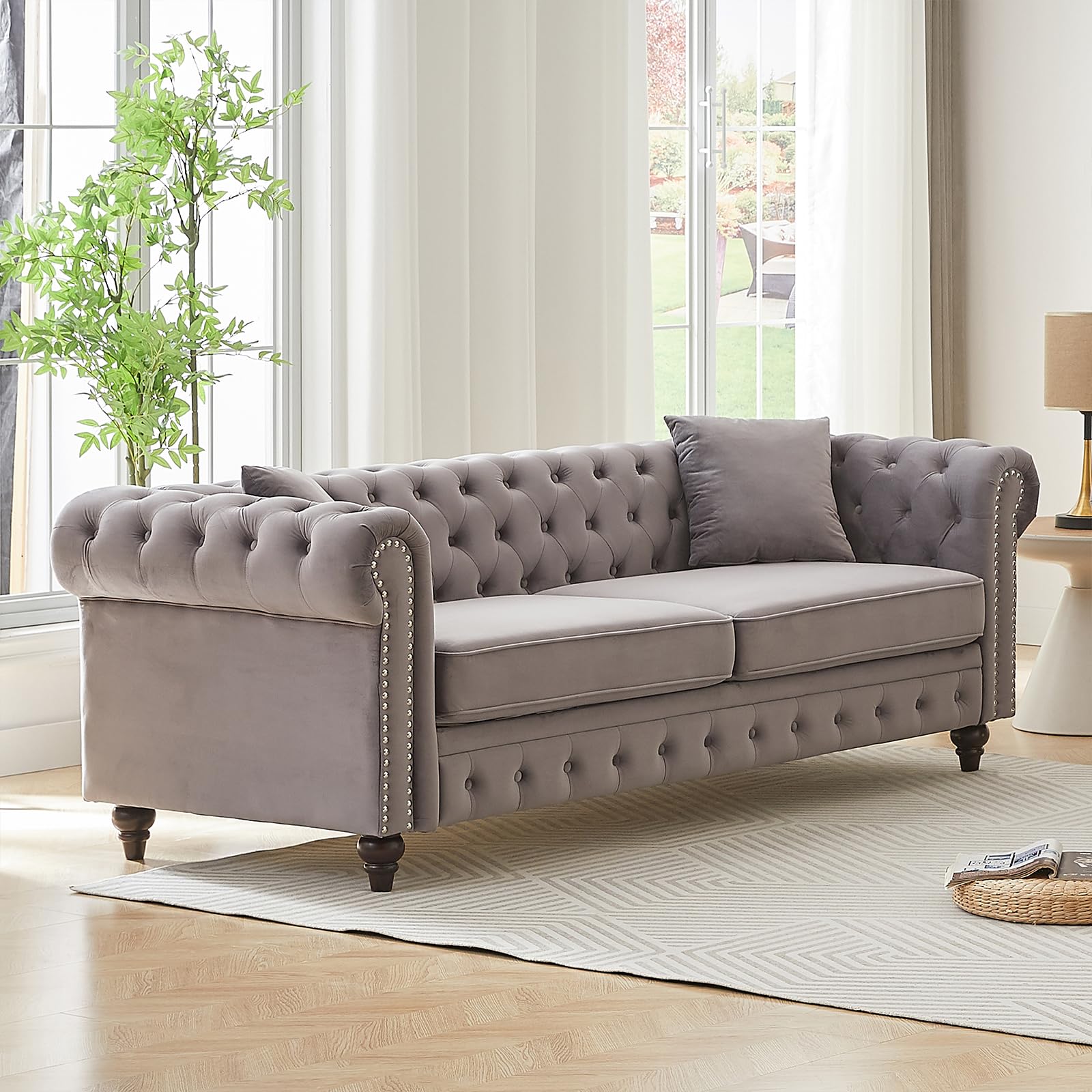 Mid Century Modern Loveseat Sofa, 63.5"W Velvet Fabric Button Tufted Small Couch with Nailhead Trim & Roll Armrest, Upholstered Comfy Chesterfield Sofa for Living Room, Office(2 Seater, Light Grey)