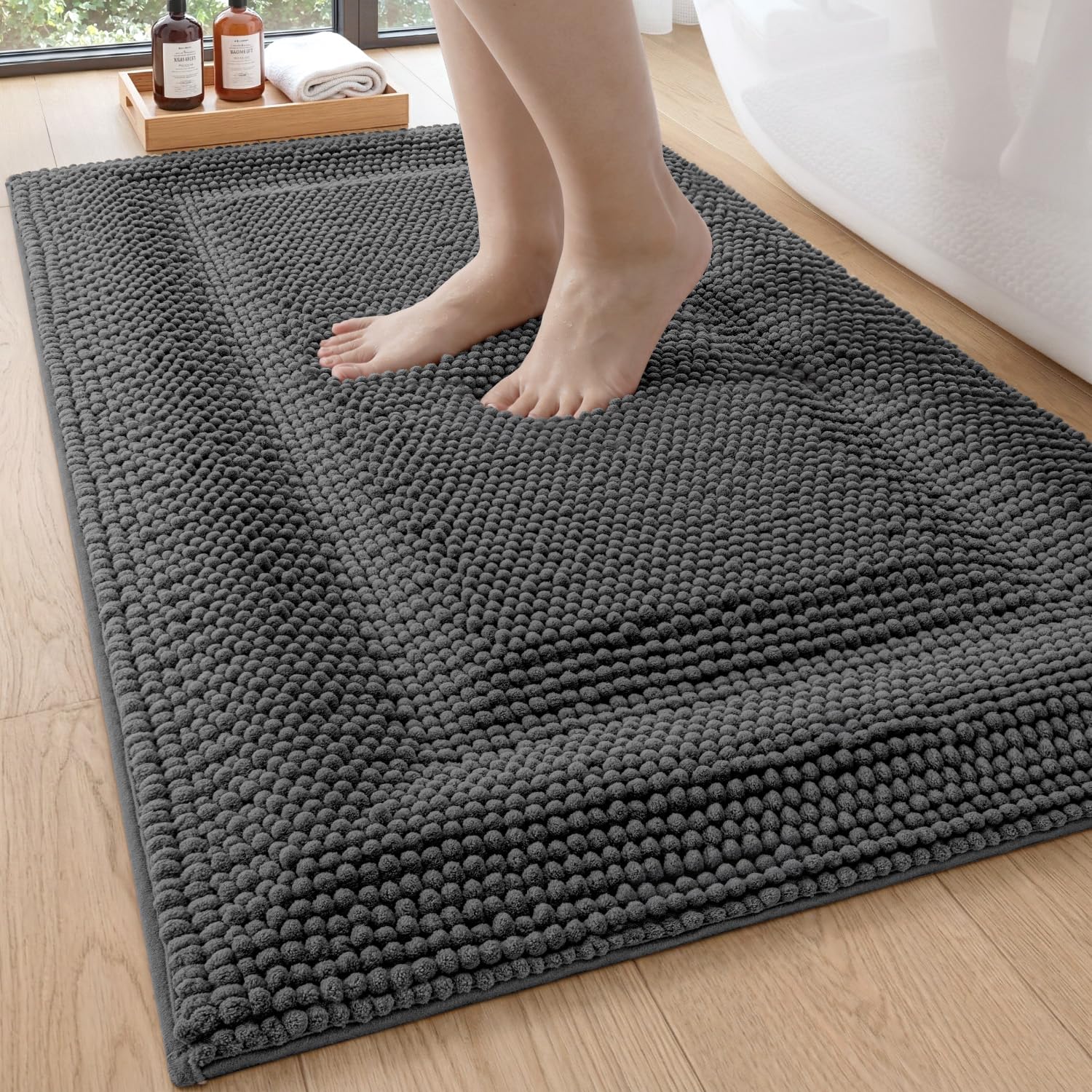 DEXI Bath Mats for Bathroom 16x24, Non Slip Washable Bathroom Rug, Thick Soft Chenille Absorbent Bathmat for Shower Floor, Fluffy Shaggy Carpet for Tub, Grey