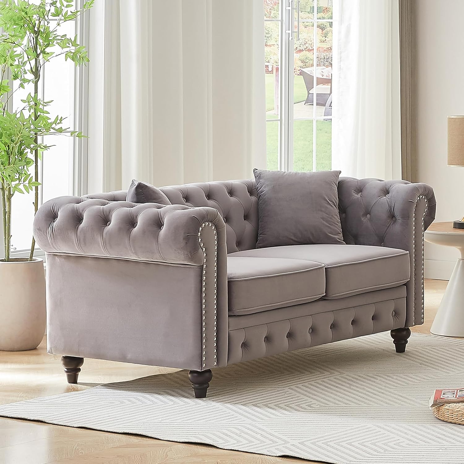 Mid Century Modern Loveseat Sofa, 63.5"W Velvet Fabric Button Tufted Small Couch with Nailhead Trim & Roll Armrest, Upholstered Comfy Chesterfield Sofa for Living Room, Office(2 Seater, Light Grey)