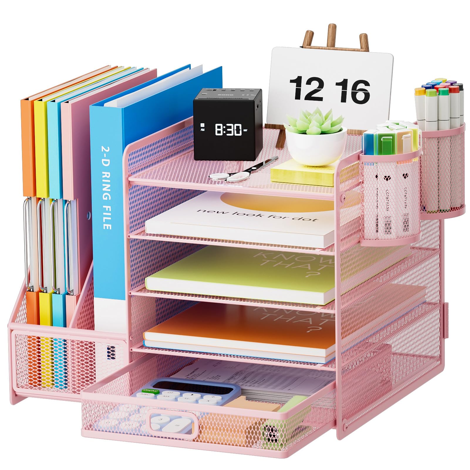 Marbrasse Desk Organizer with File Holder, 5-Tier Paper Letter Tray Organizer with Drawer and 2 Pen Holder, Mesh Desktop Organizer and Storage with Magazine Holder for Office Supplies (Wood-Brown)
