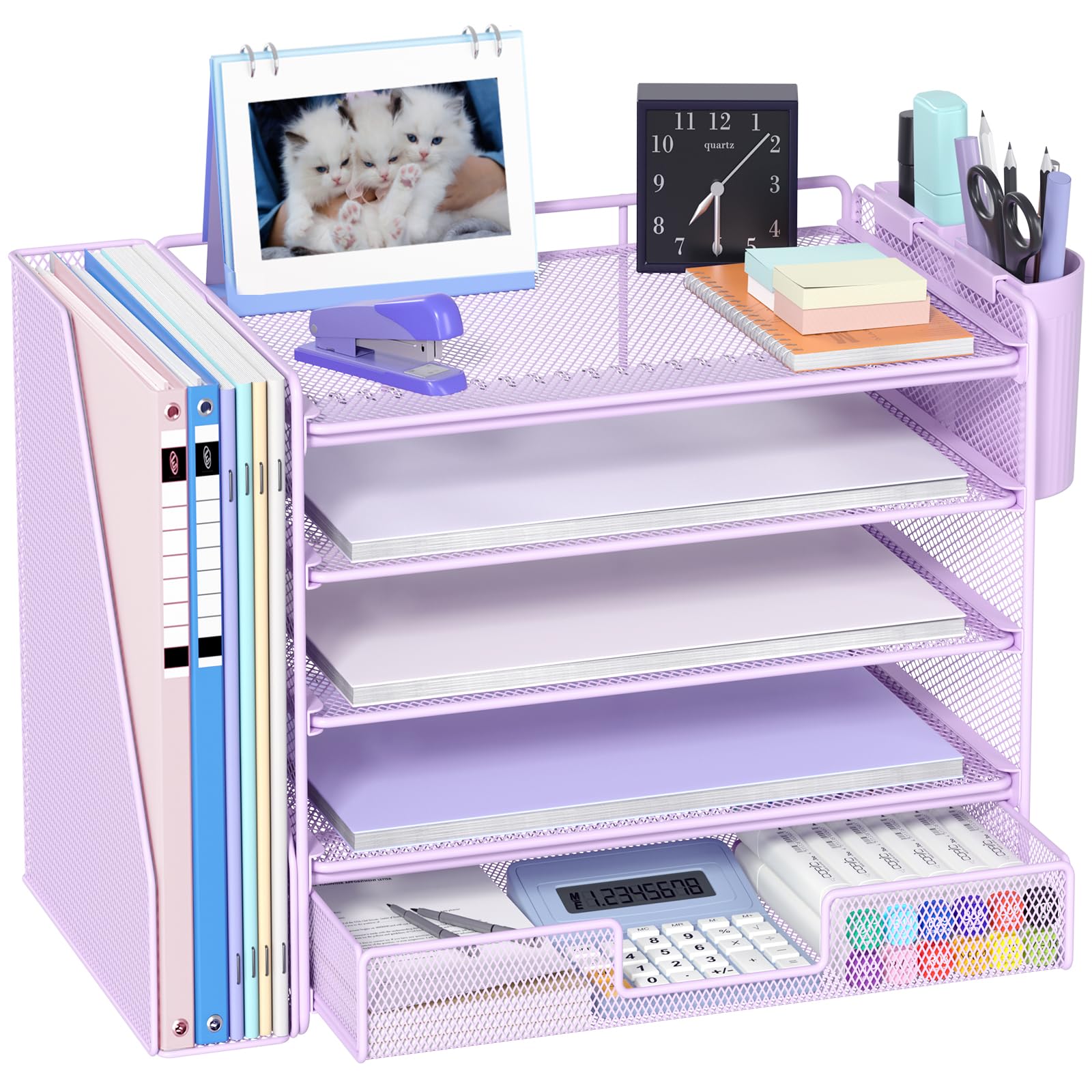 OPNICE Desk Organizer, 4-Tier Desktop File Organizer with Drawer and 2 Pen Holders, Office Desk Accessories, File Sorters, Workspace Organizers for Office Supplies(Brown Wood)