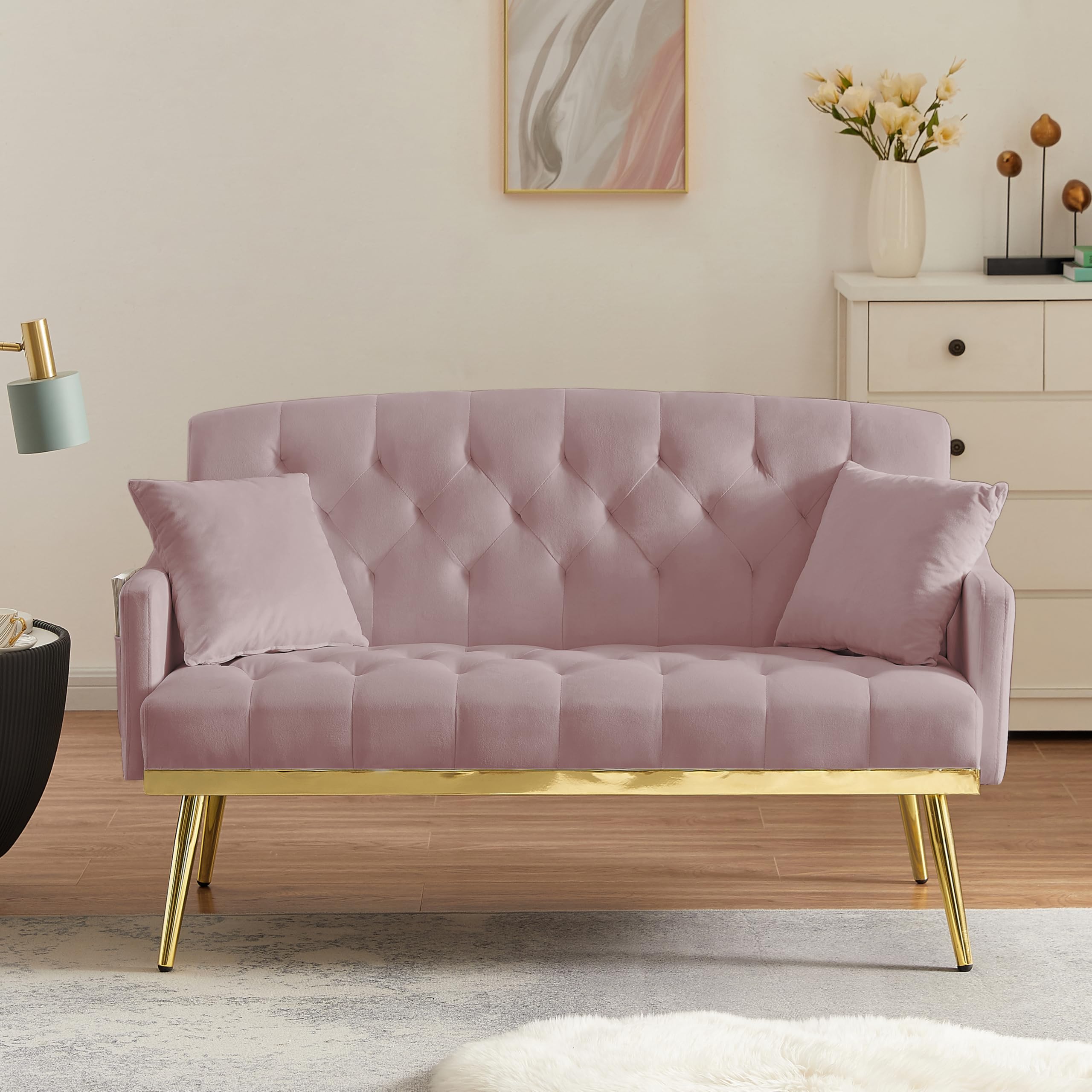 hansones 55-Inch Modern Velvet Loveseat Sofa with Gold Metal Legs & Side Pockets, Tufted Backrest, Perfect for Living Room, Bedroom, or Office (Modern Beige)