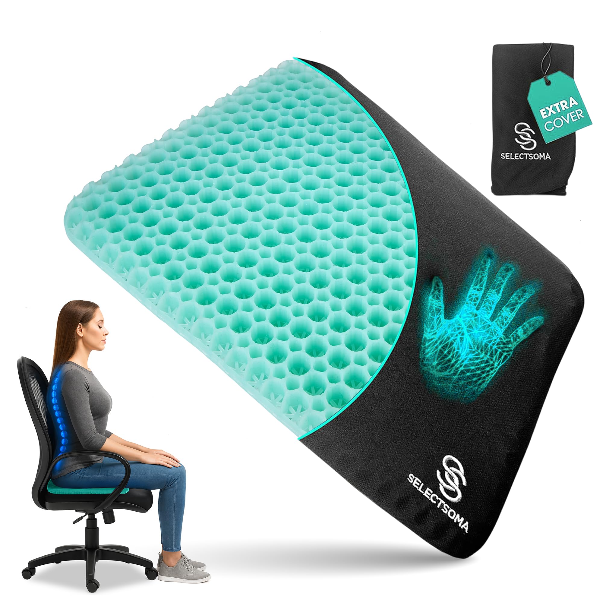SelectSoma Double-Thick Gel Seat Cushion for Long Sitting Pressure Relief for Back, Sciatica, Coccyx, Tailbone Pain - Cushion for Office Chair, Wheelchair, Car & Truck, Patio Chairs - Egg Seat Pad