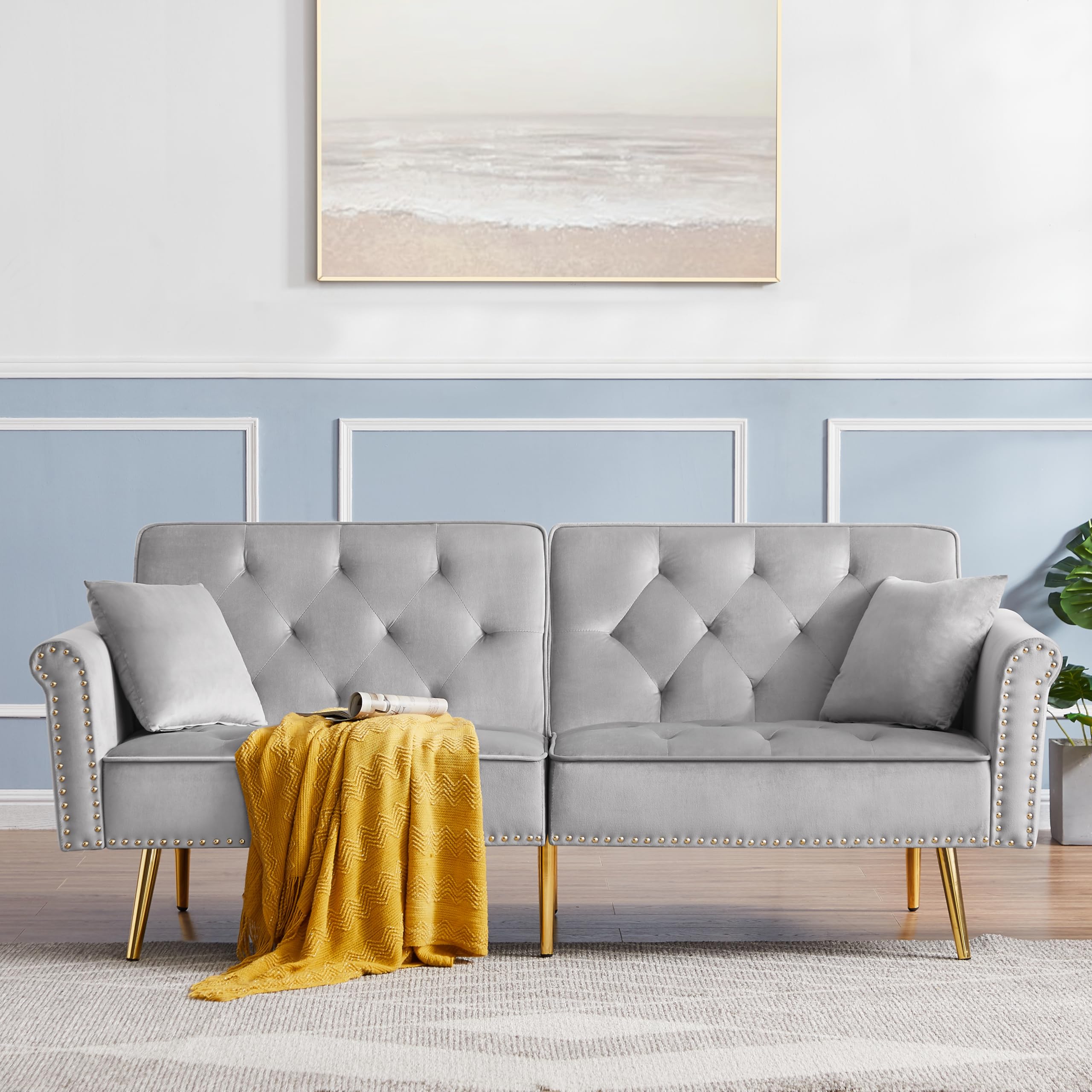 hansones 55-Inch Modern Velvet Loveseat Sofa with Gold Metal Legs & Side Pockets, Tufted Backrest, Perfect for Living Room, Bedroom, or Office (Modern Beige)
