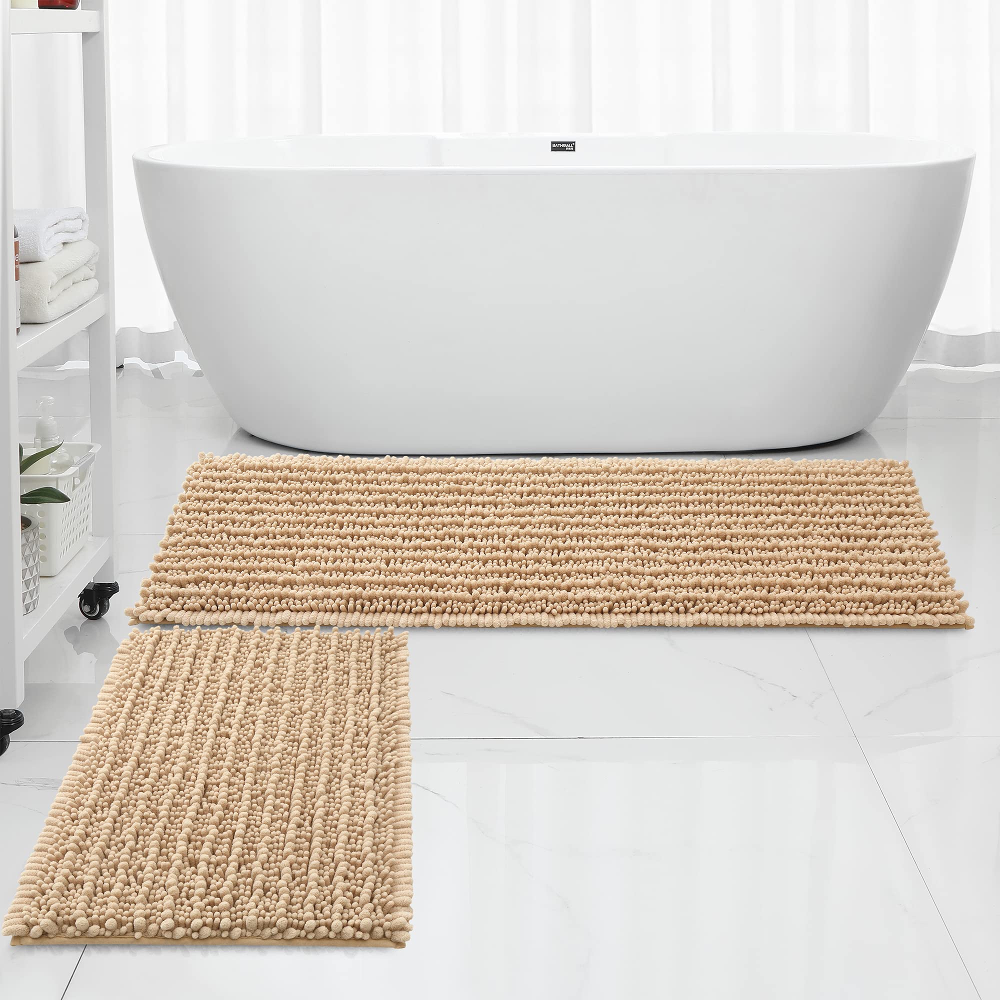FLOLEOPA Chenille Coral Pink Bath Mat, Luxury Handmade Bathroom Rug, Non Slip, Extra Soft, Absorbent, Machine Washable, 32'x20' Plus 17'x24'