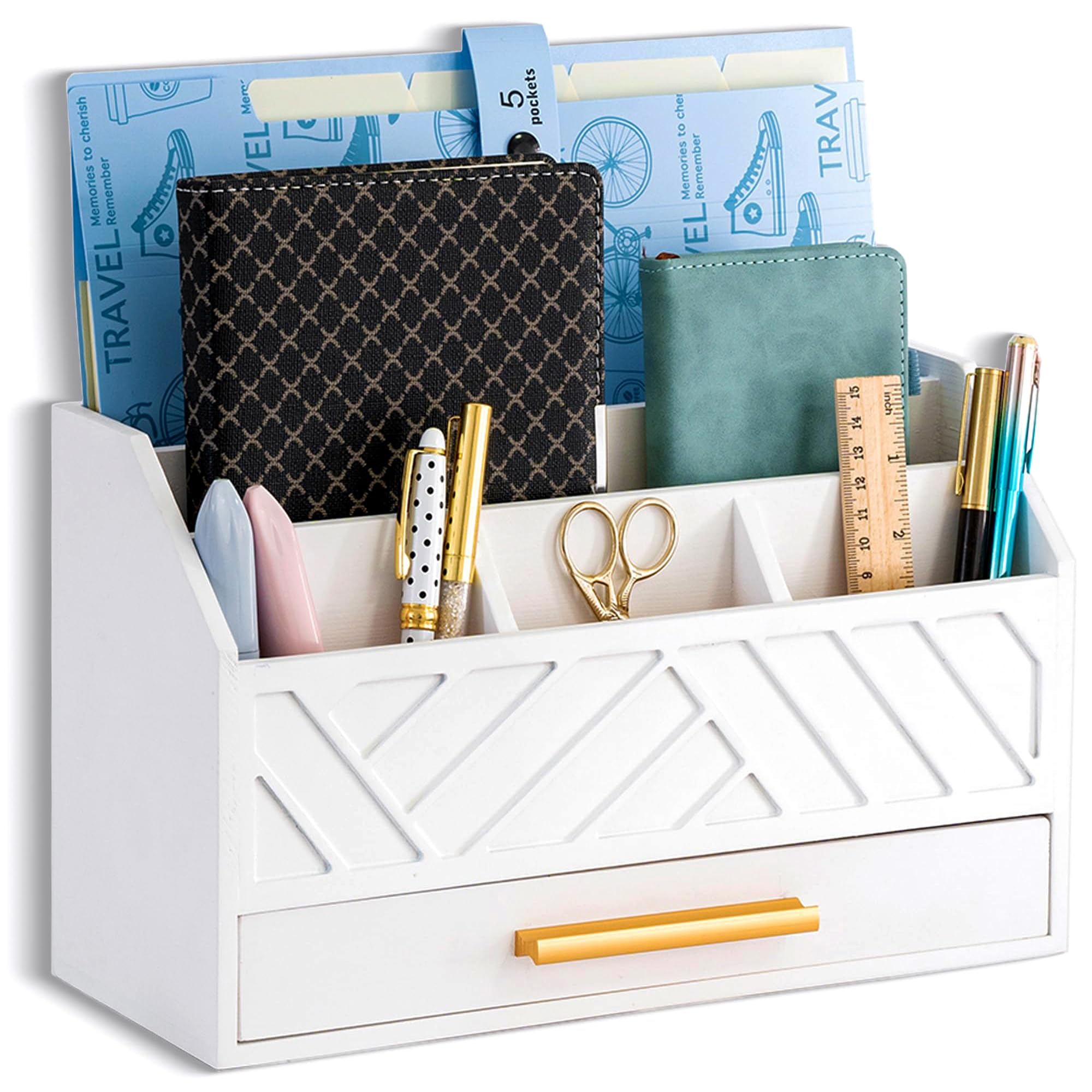 dreampossible Brown Wood Desk Organizer and Accessories with Drawer, Bill Mail Organizer and File Mail Holder for Office Supplies, Modern Desk Accessories & Workspace Organizers for Desk Organization