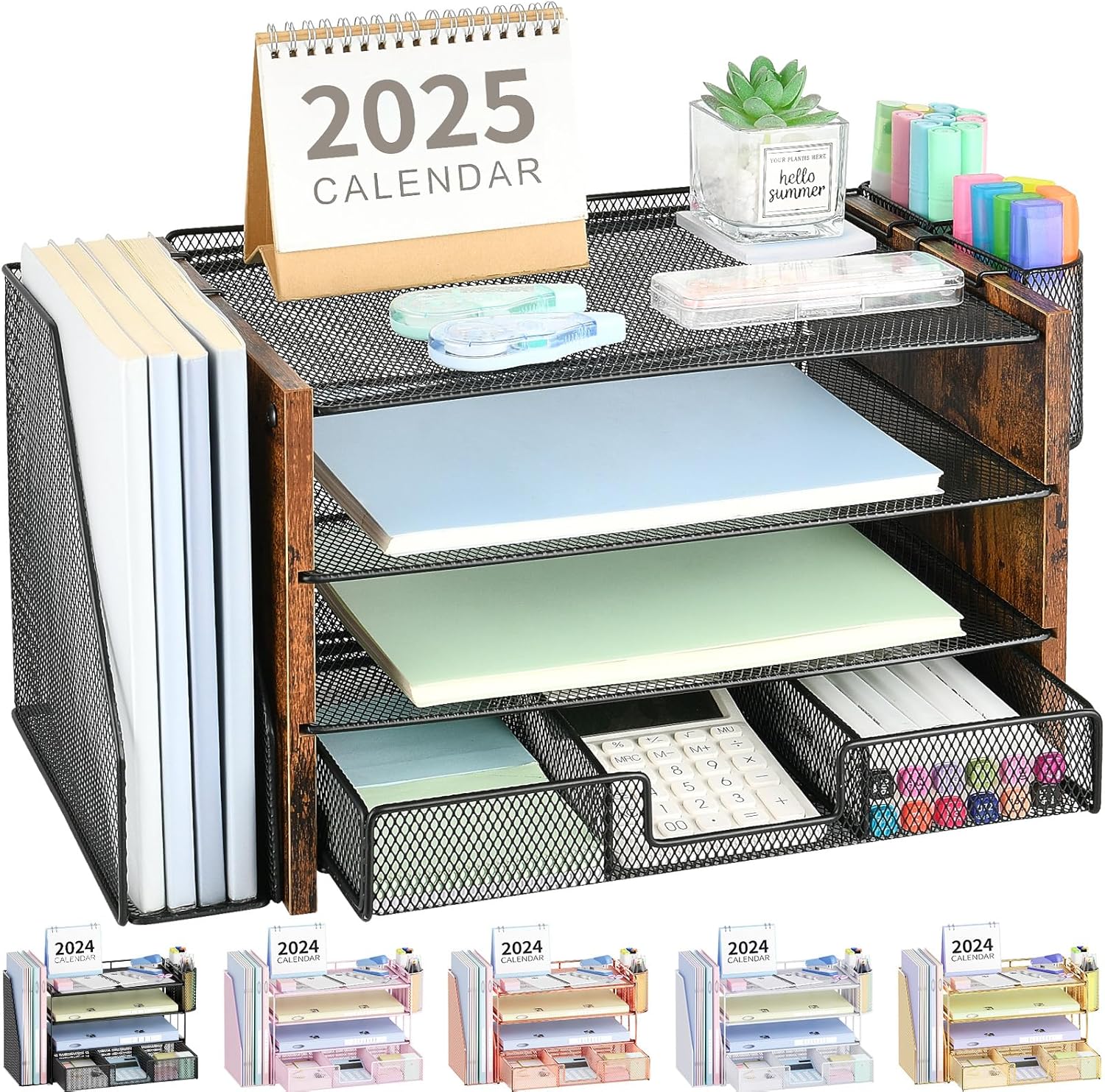 OPNICE Desk Organizer, 4-Tier Desktop File Organizer with Drawer and 2 Pen Holders, Office Desk Accessories, File Sorters, Workspace Organizers for Office Supplies(Brown Wood)