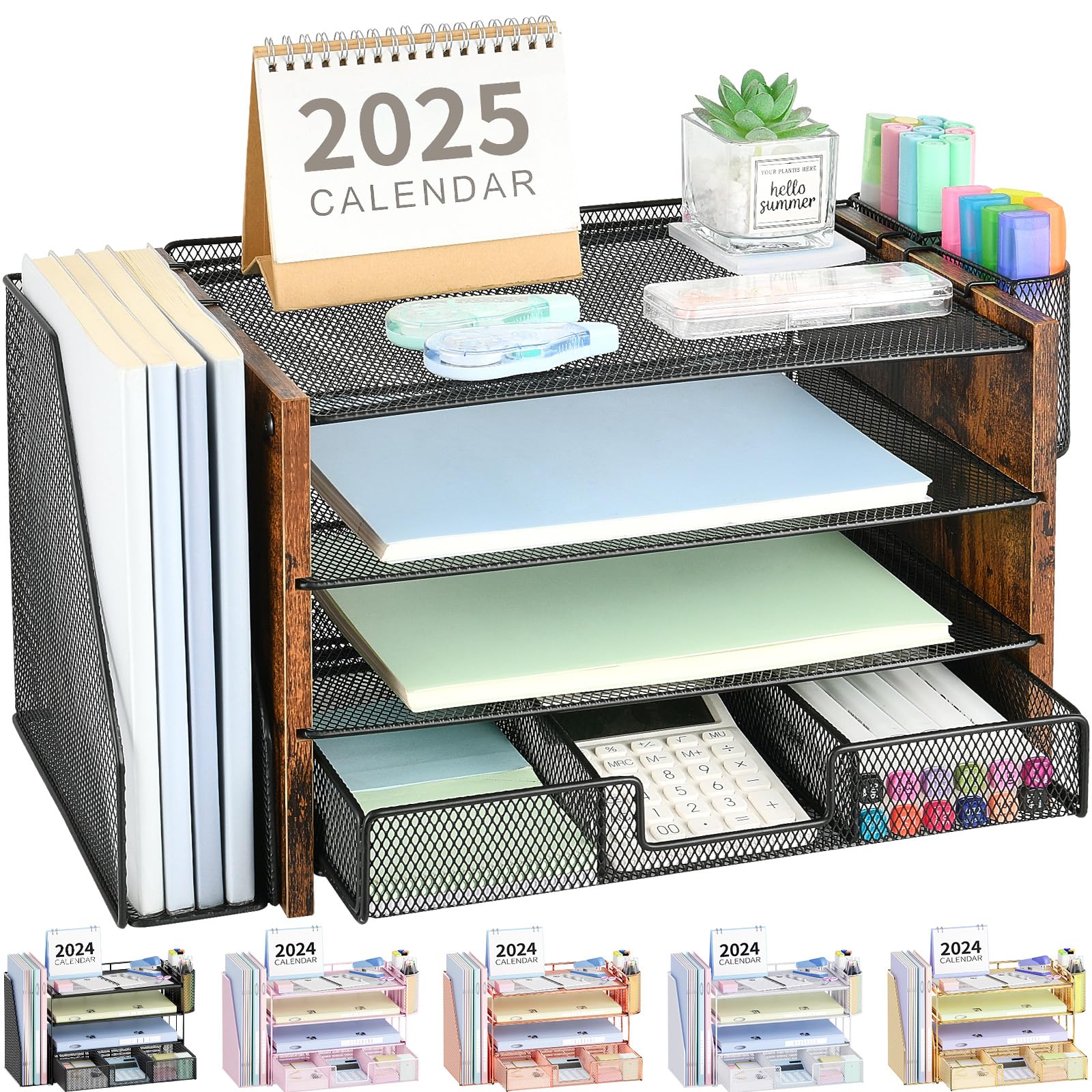 OPNICE Desk Organizer, 4-Tier Desktop File Organizer with Drawer and 2 Pen Holders, Office Desk Accessories, File Sorters, Workspace Organizers for Office Supplies(Brown Wood)