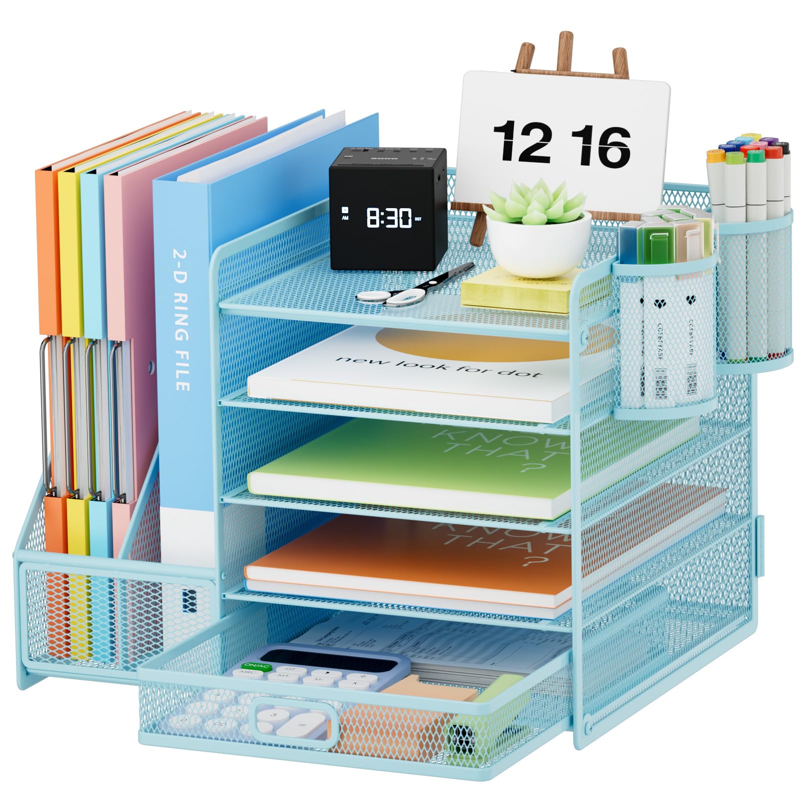 Marbrasse Desk Organizer with File Holder, 5-Tier Paper Letter Tray Organizer with Drawer and 2 Pen Holder, Mesh Desktop Organizer and Storage with Magazine Holder for Office Supplies (Wood-Brown)