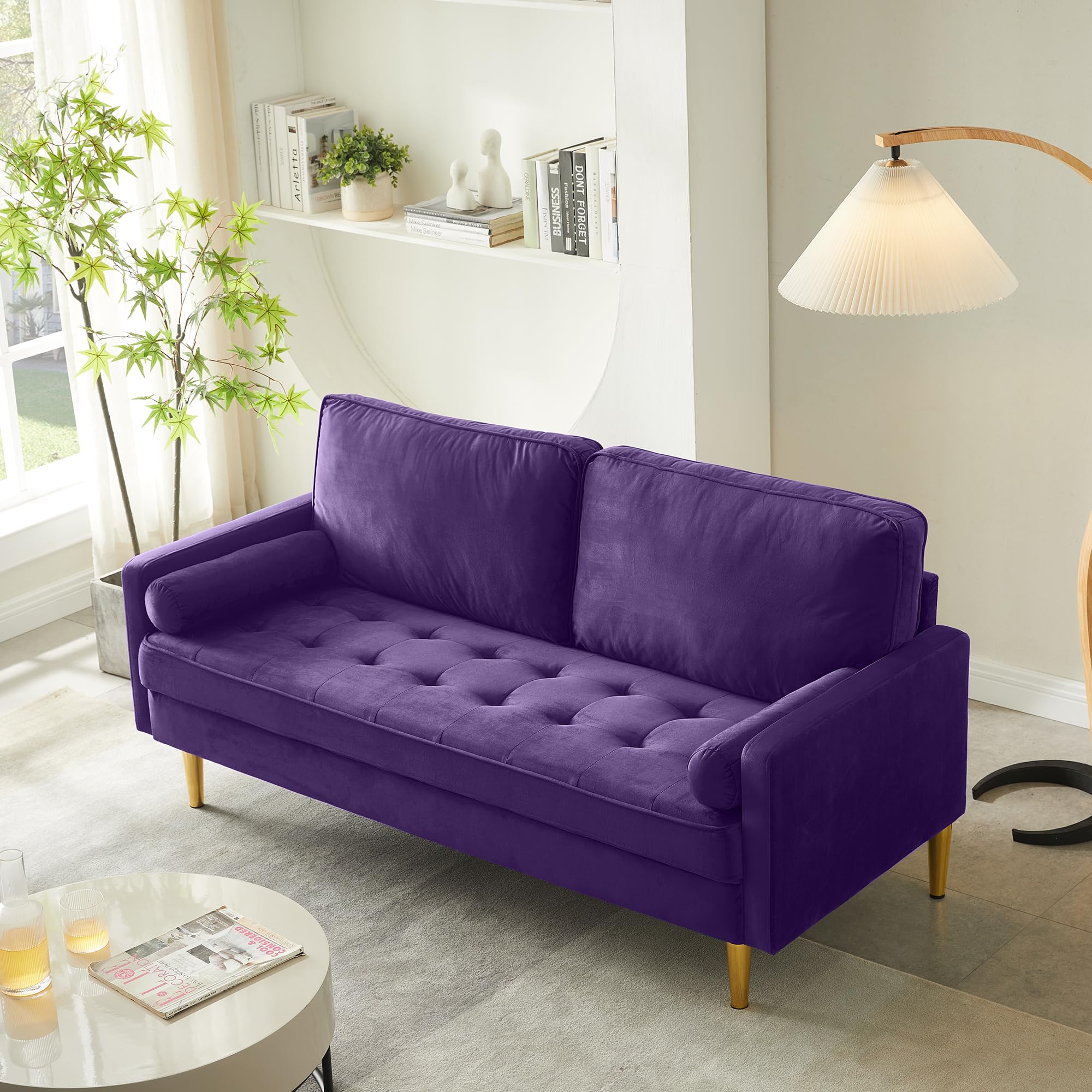 67" Mid Century Modern Loveseat Sofa, 2-Seater Velvet Tufted Love Seat Couch with Bolster Pillows, Golden Frosted Legs for Small Space, Living Room, Apartment, Bedroom (Green)