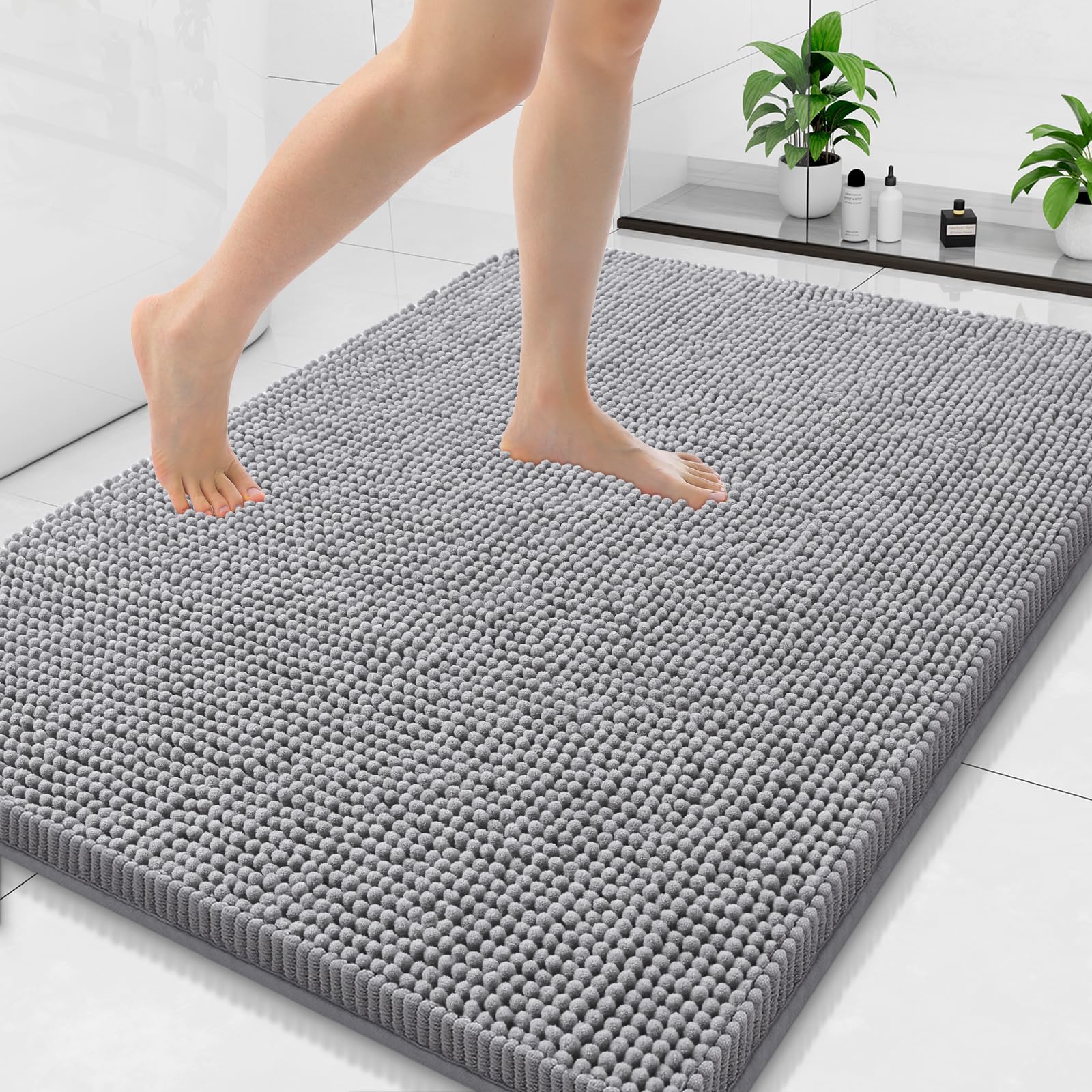 Arotive Bathroom Rugs 30x20, Extra Soft Absorbent Shaggy Chenille Bath Rugs, Machine Washable Rubber Backing Non-Slip Bath Mats for Bathroom Floor Tub and Shower, Home Decor Accessories, Grey