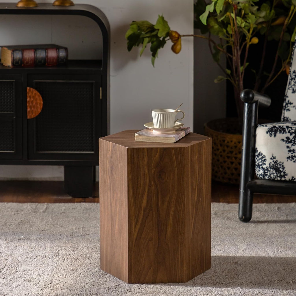 Hexagon Wooden Side Table Withe Wood Grain, Modern Fully Assembled End Table for Small Spaces, Living Room, Bedroom, 15.75"×13.58"×18.9" - Walnut