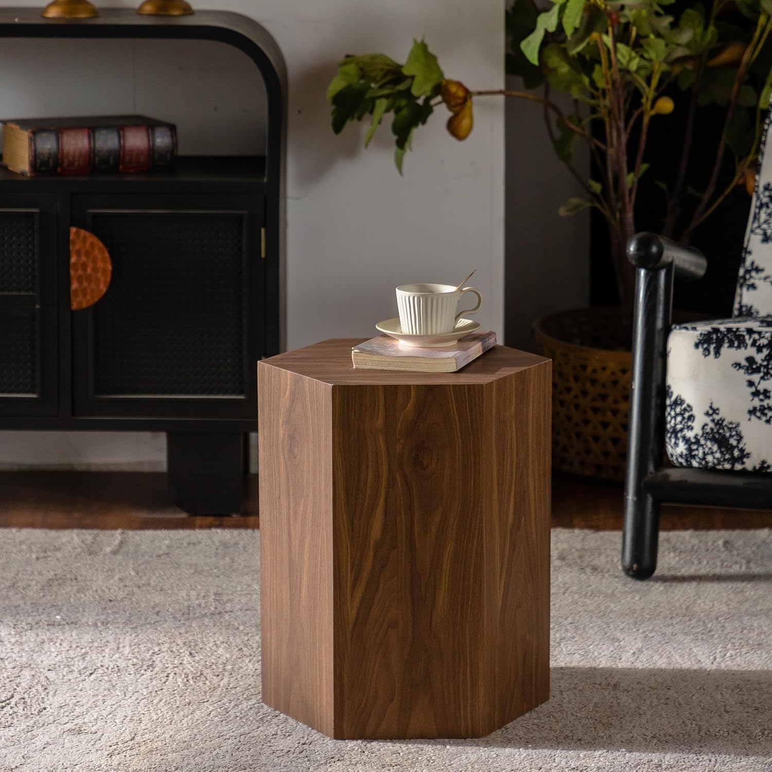 Hexagon Wooden Side Table Withe Wood Grain, Modern Fully Assembled End Table for Small Spaces, Living Room, Bedroom, 15.75"×13.58"×18.9" - Walnut