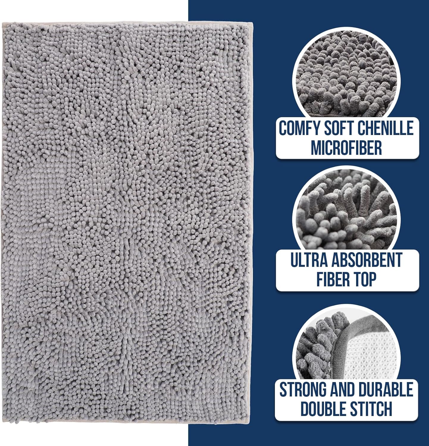 Muddy Mat Chenille Bathroom Rugs Quick Dry Microfiber Mats Non Slip Washable, Extra Thick, Soft and Highly Absorbent Bath Mats for Bathroom, Kitchen, and Shower Floor - Grey Small 28"X18"
