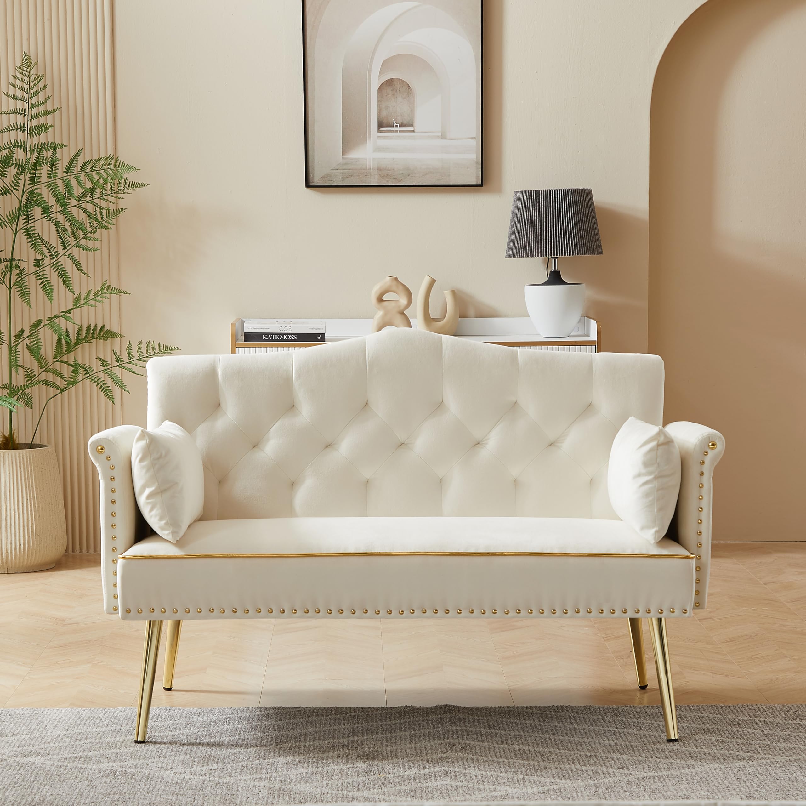 hansones 55-Inch Modern Velvet Loveseat Sofa with Gold Metal Legs & Side Pockets, Tufted Backrest, Perfect for Living Room, Bedroom, or Office (Modern Beige)