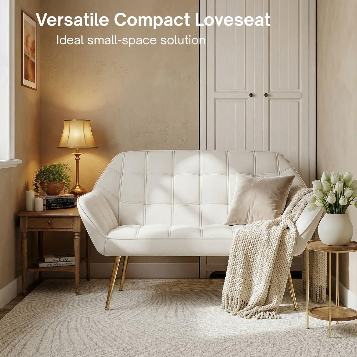Hyfirm 48" Cream Velvet Tufted Loveseat Sofa, Modern Luxury Mini Couch with Gold Metal Legs, Comfy Small Loveseat for Small Space, Living Room, Bedroom, Apartment & Office