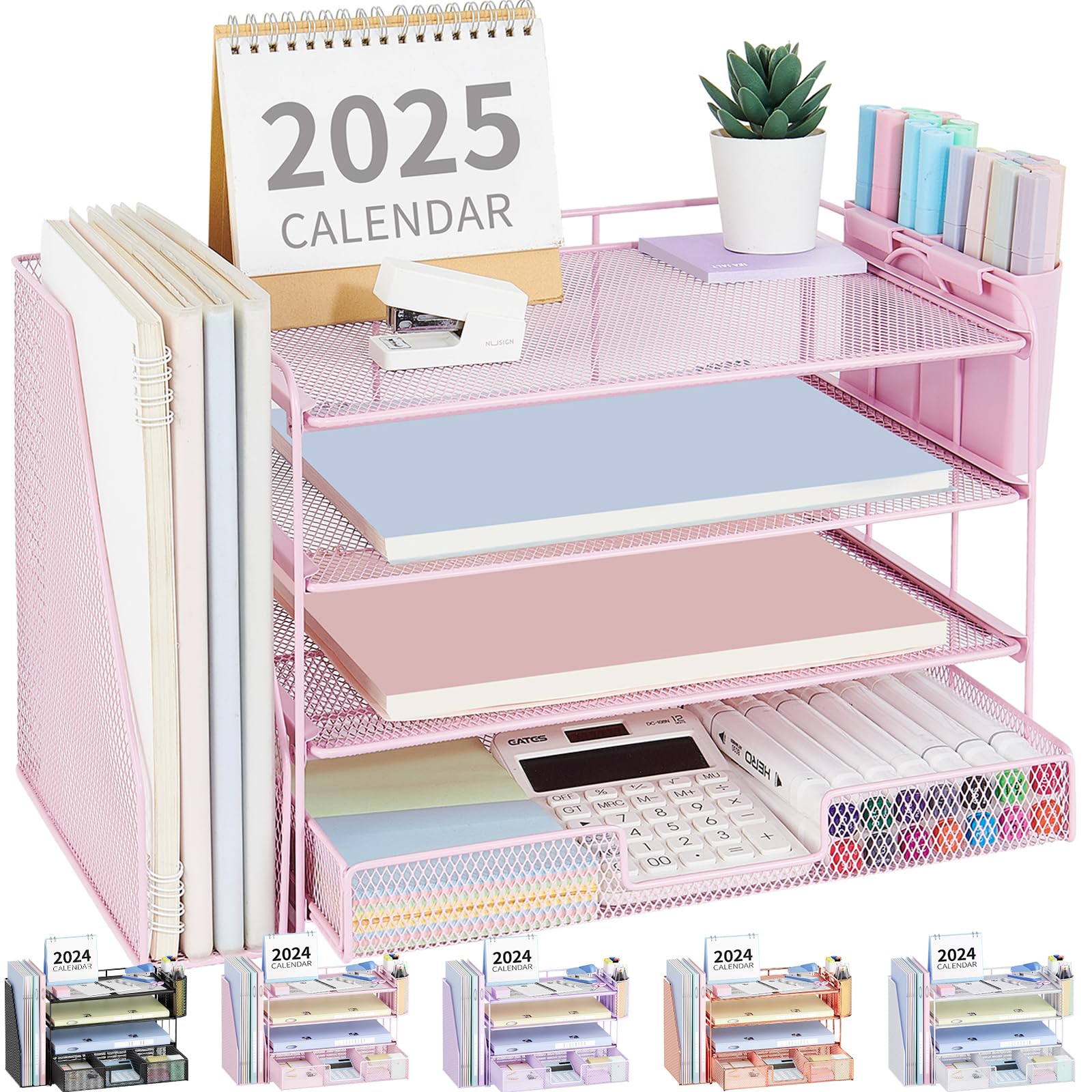 OPNICE Desk Organizer, 4-Tier Desktop File Organizer with Drawer and 2 Pen Holders, Office Desk Accessories, File Sorters, Workspace Organizers for Office Supplies(Brown Wood)