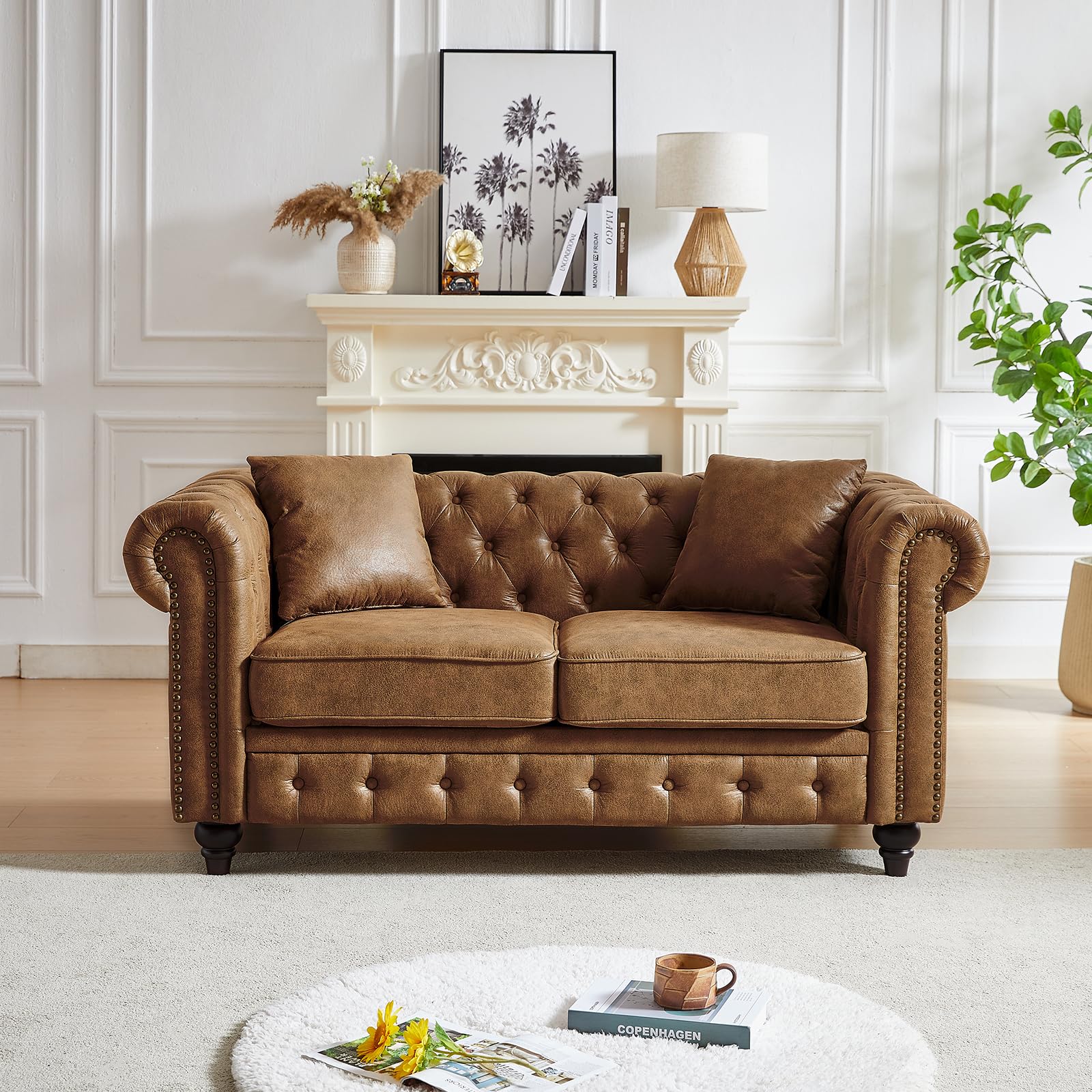 Mid Century Modern Loveseat Sofa, 63.5"W Velvet Fabric Button Tufted Small Couch with Nailhead Trim & Roll Armrest, Upholstered Comfy Chesterfield Sofa for Living Room, Office(2 Seater, Light Grey)