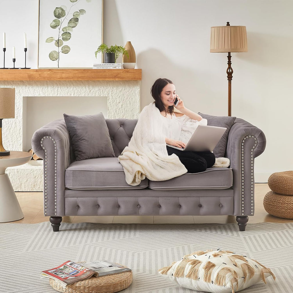 Mid Century Modern Loveseat Sofa, 63.5"W Velvet Fabric Button Tufted Small Couch with Nailhead Trim & Roll Armrest, Upholstered Comfy Chesterfield Sofa for Living Room, Office(2 Seater, Light Grey)