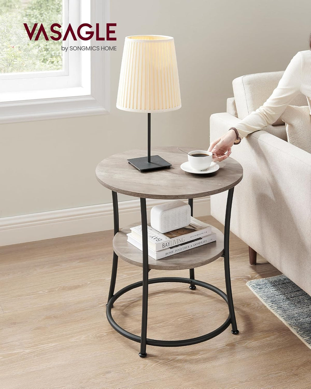 VASAGLE 21.7-Inch Round Side Table, 2-Tier End Table, Nightstand with Steel Frame, Spacious Top, for Small Spaces, Living Room, Bedroom, Heather Greige and Ink Black ULET56BG | 2 Storage Shelves, Living Room, Bedroom, Nightstand, Small Spaces, Accent Coff