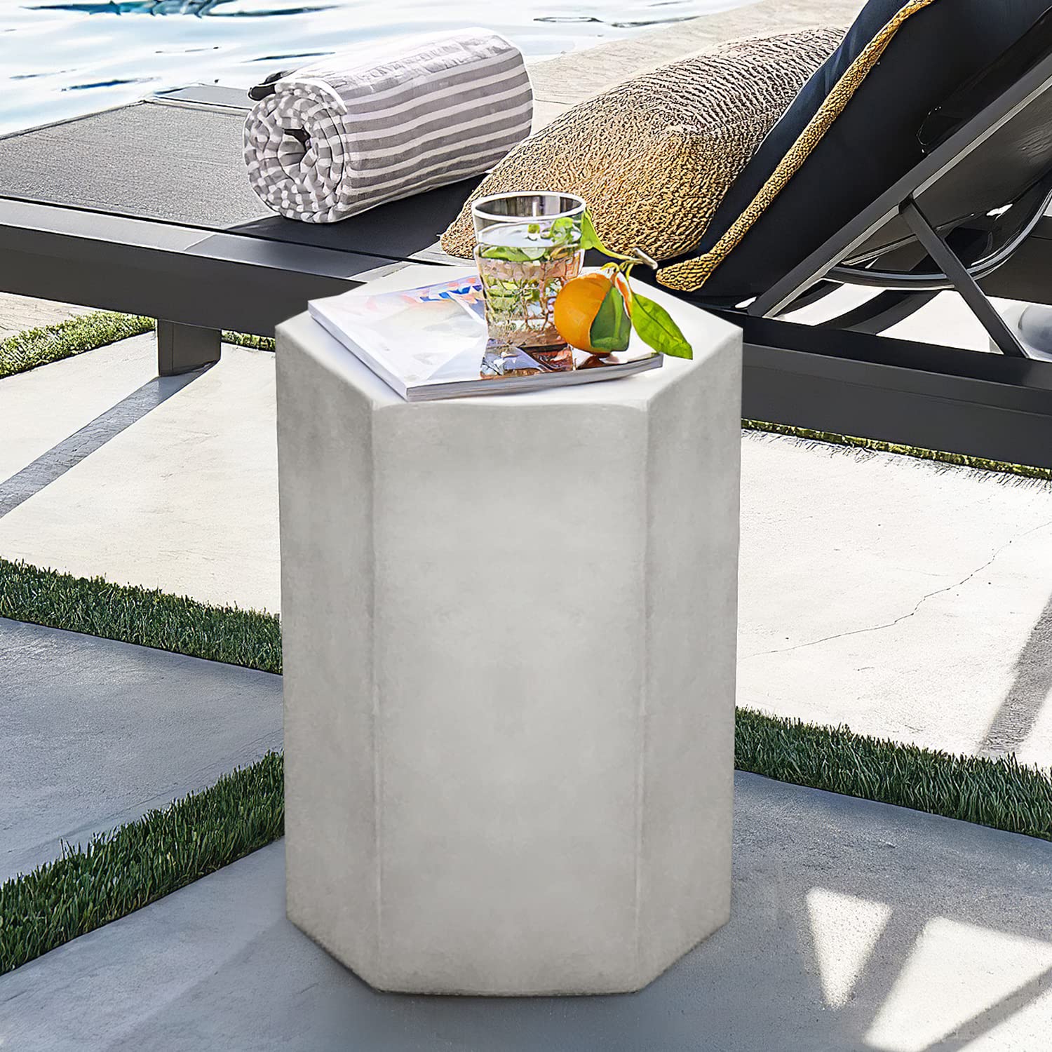 COSIEST Concrete Accent Table, Hexagon Patio Side Table 14.5''Wx16''H, Modular Design Indoor Outdoor End Table, Light Grey