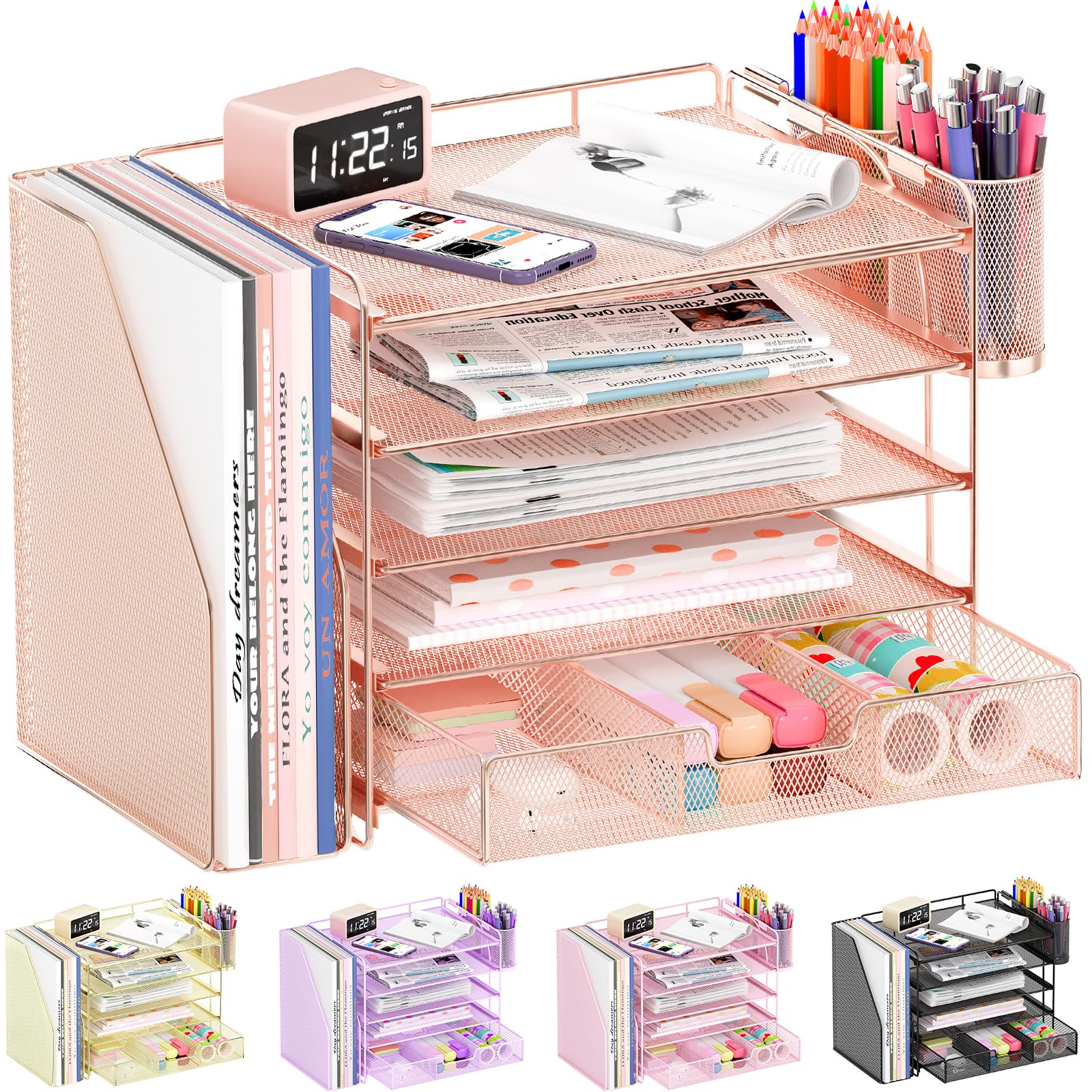 OPNICE Desk Organizer, 4-Tier Desktop File Organizer with Drawer and 2 Pen Holders, Office Desk Accessories, File Sorters, Workspace Organizers for Office Supplies(Brown Wood)