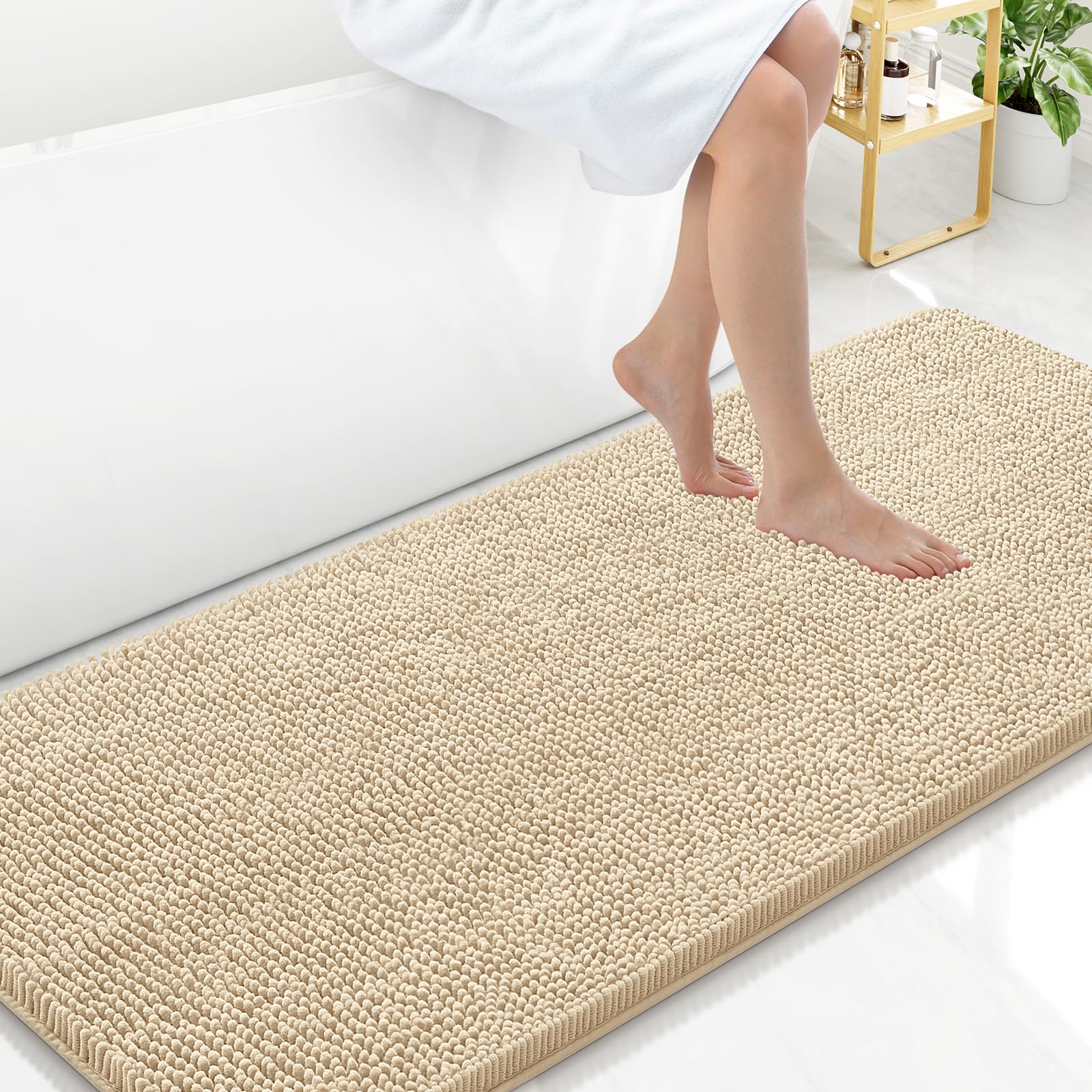 Arotive Bathroom Rugs 70x24, Extra Soft Absorbent Shaggy Chenille Bath Rugs, Machine Washable Rubber Backing Non-Slip Bath Mats for Bathroom Floor Tub and Shower, Home Decor Accessories, Beige