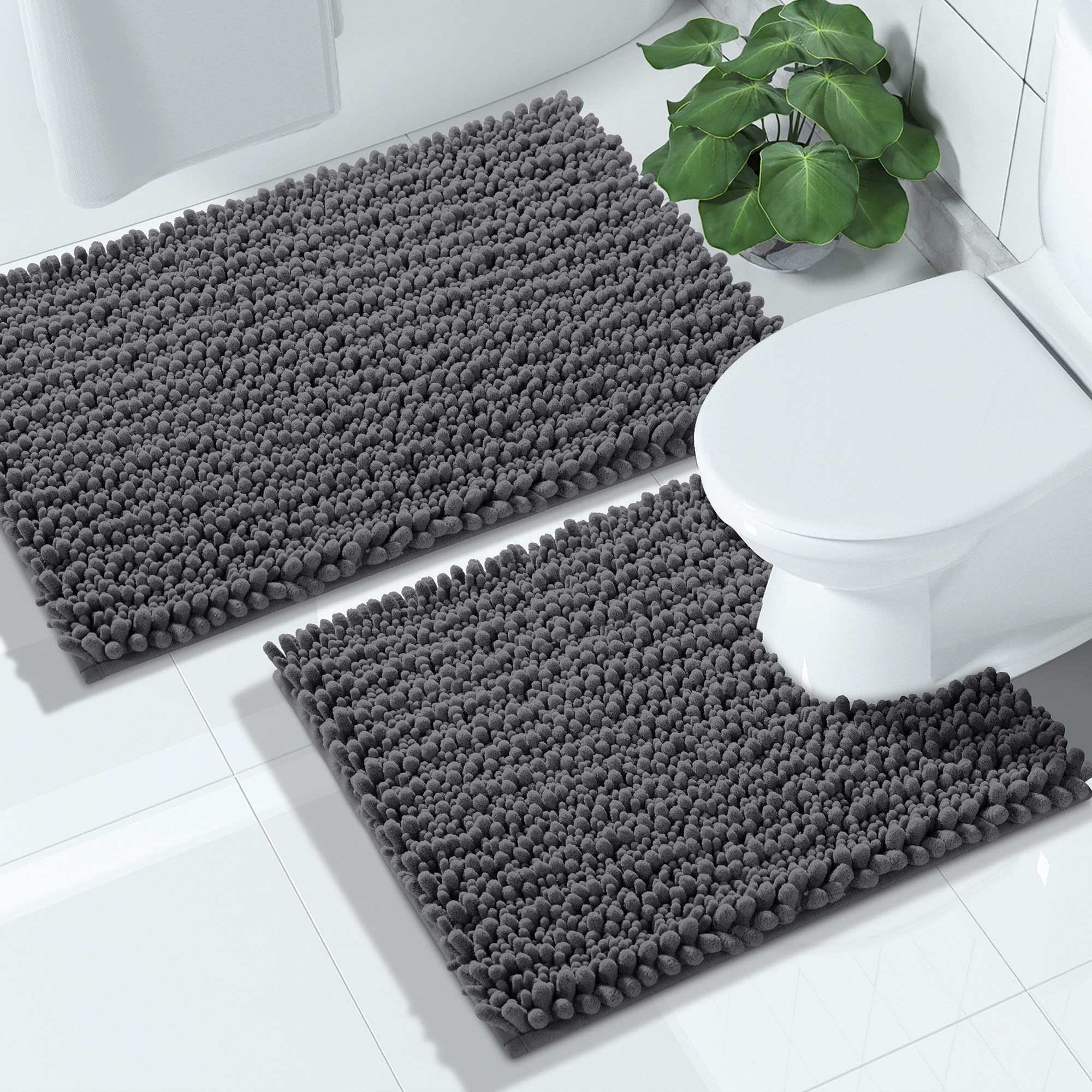 Yimobra Bathroom Rugs Sets 2 Piece - Quick Dry Extra Thick Luxury Chenille Bath Mat, Non Slip Super Absorbent for Tub Shower Sink, Machine Washable Shaggy Floor Mat, 32"x20"+24"x17" Inch, Black