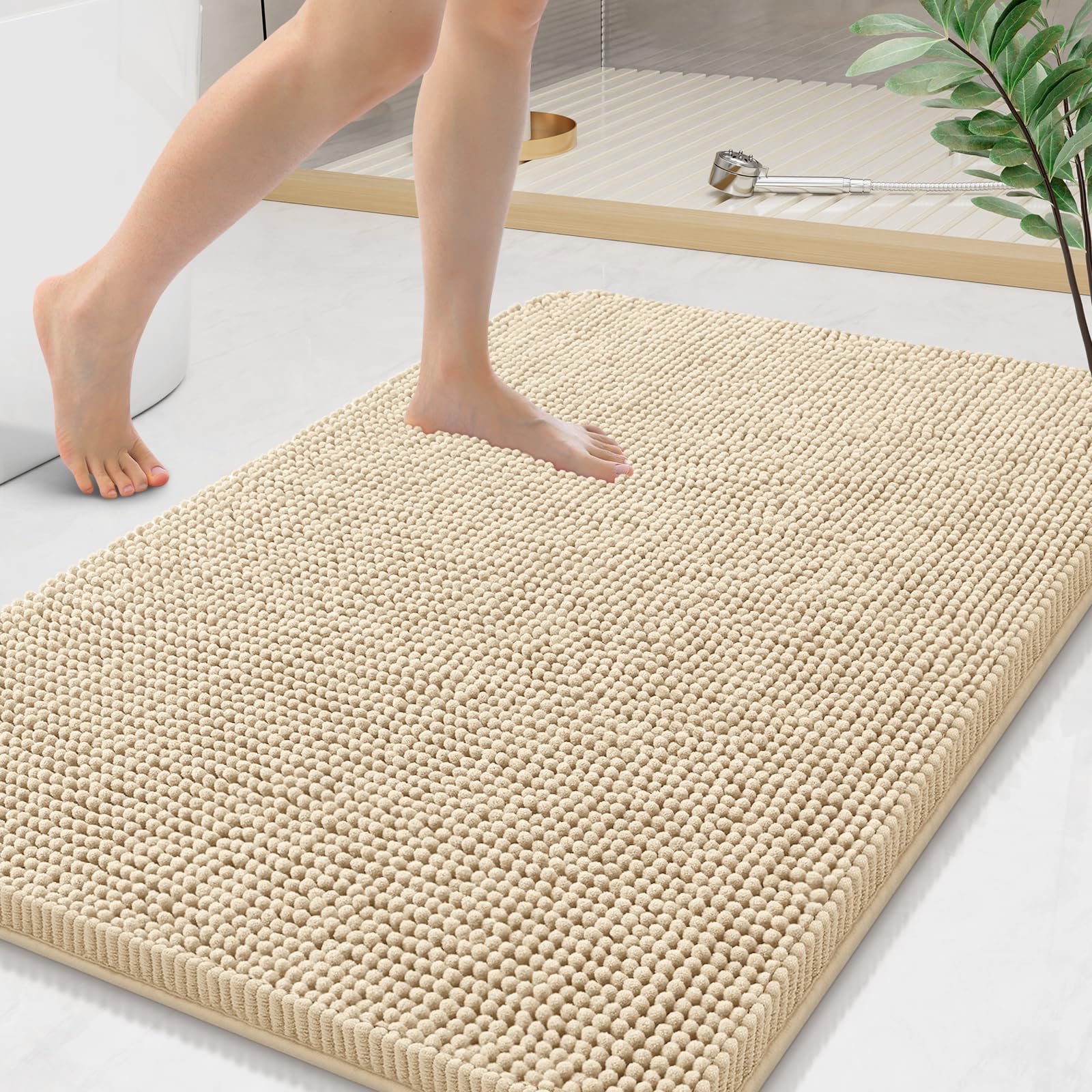 Arotive Bathroom Rugs 70x24, Extra Soft Absorbent Shaggy Chenille Bath Rugs, Machine Washable Rubber Backing Non-Slip Bath Mats for Bathroom Floor Tub and Shower, Home Decor Accessories, Beige