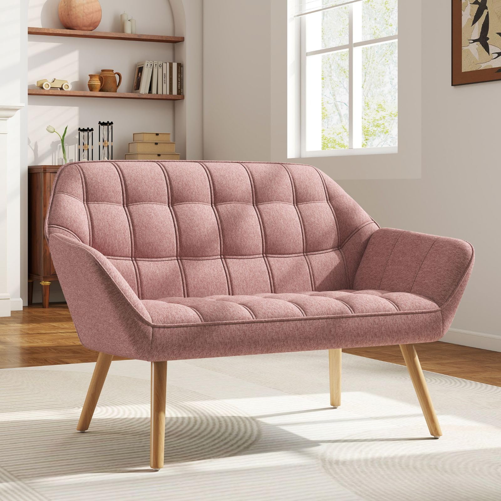 Hyfirm 48" Cream Velvet Tufted Loveseat Sofa, Modern Luxury Mini Couch with Gold Metal Legs, Comfy Small Loveseat for Small Space, Living Room, Bedroom, Apartment & Office