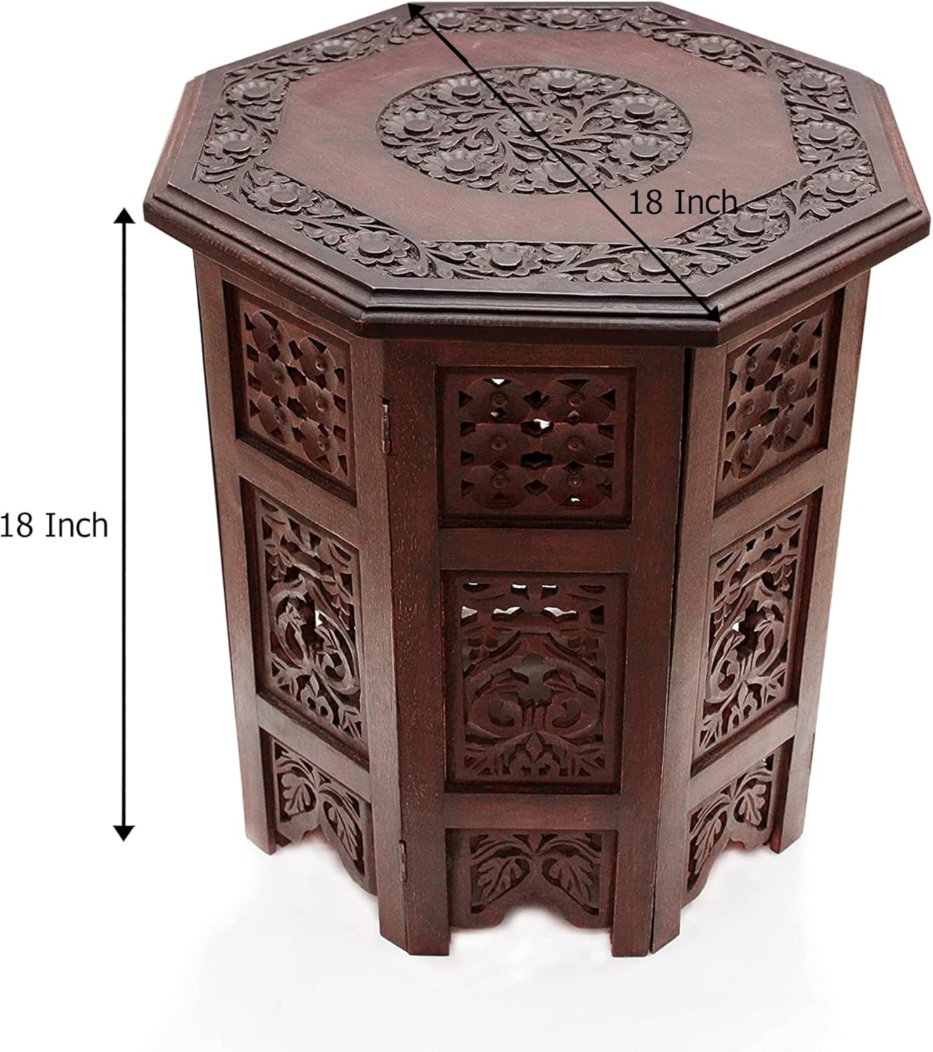 COTTON CRAFT Solid Wood Accent End Table - Hand Carved Vintage Boho Folding Side Table - Small Spaces Entryway Farmhouse Living Room Bedside - No Tools Assembly - 18x18 Octagon - Brown