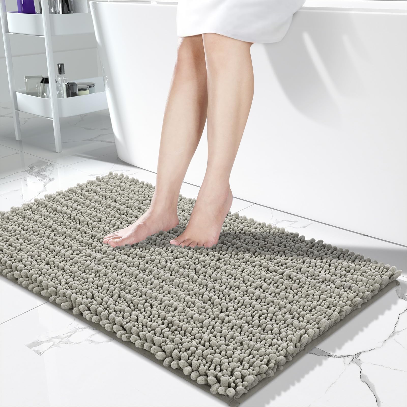 Yimobra Bathroom Rugs Non Slip Washable - Ultra Soft Absorbent Chenille Bath Mat, Quick Dry Shaggy Floor Carpet for Tub Shower, Gray Home Decor Accessories, 24x17 Inch