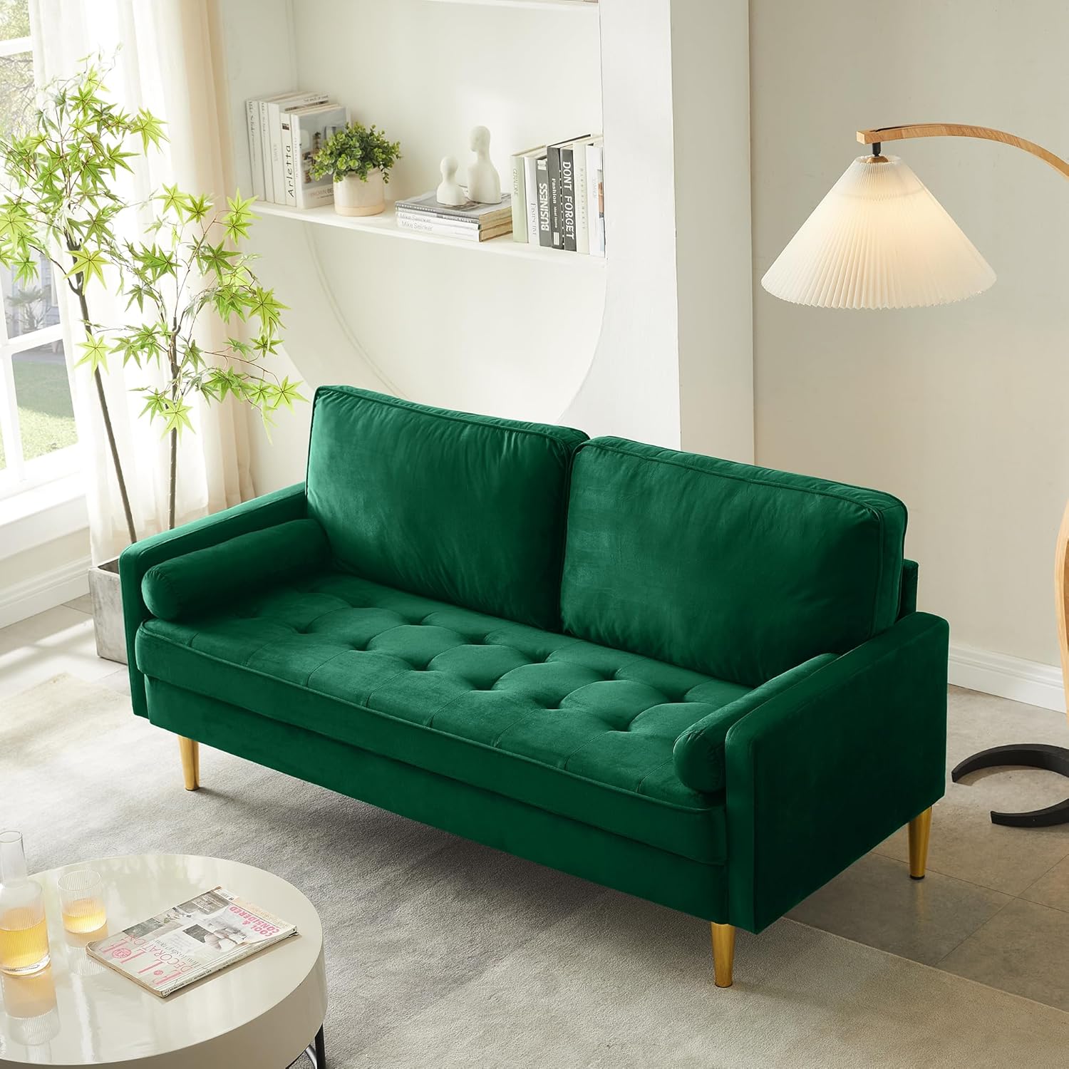 67" Mid Century Modern Loveseat Sofa, 2-Seater Velvet Tufted Love Seat Couch with Bolster Pillows, Golden Frosted Legs for Small Space, Living Room, Apartment, Bedroom (Green)