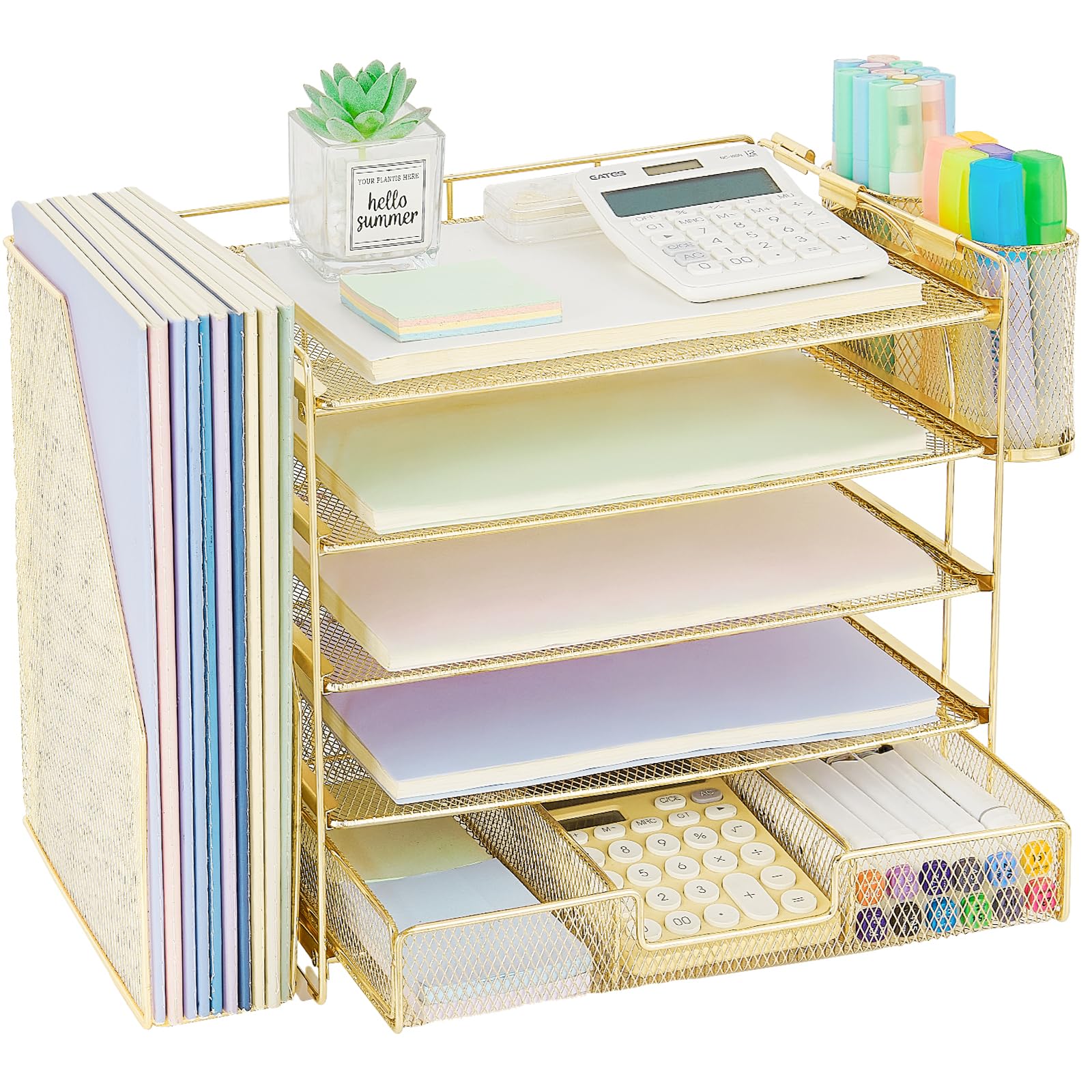 OPNICE Desk Organizer, 4-Tier Desktop File Organizer with Drawer and 2 Pen Holders, Office Desk Accessories, File Sorters, Workspace Organizers for Office Supplies(Brown Wood)