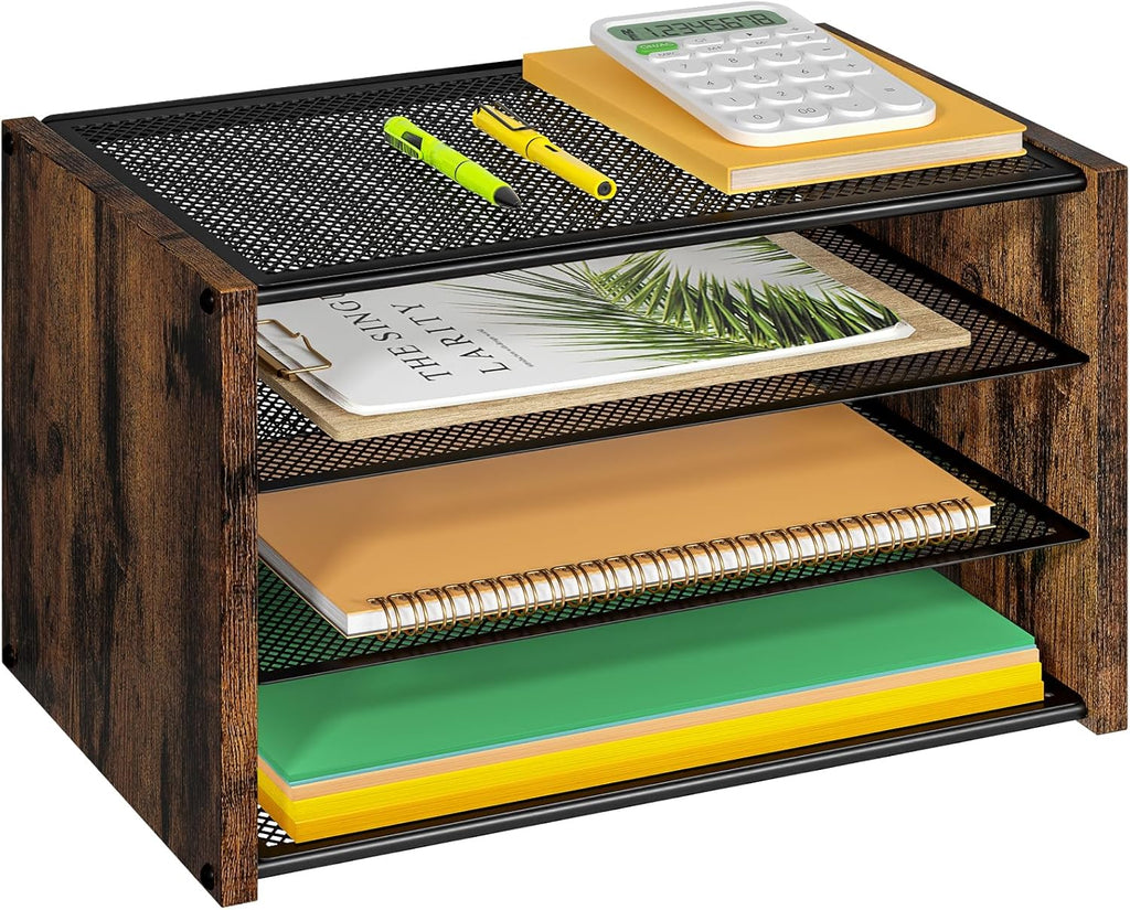 3-Tier Paper Letter Tray, Wooden Desk File Organizer, Stackable Metal Mesh Desk Organizer for Office Supplies. Small Paper Trays for Home Office School, Rustic Brown