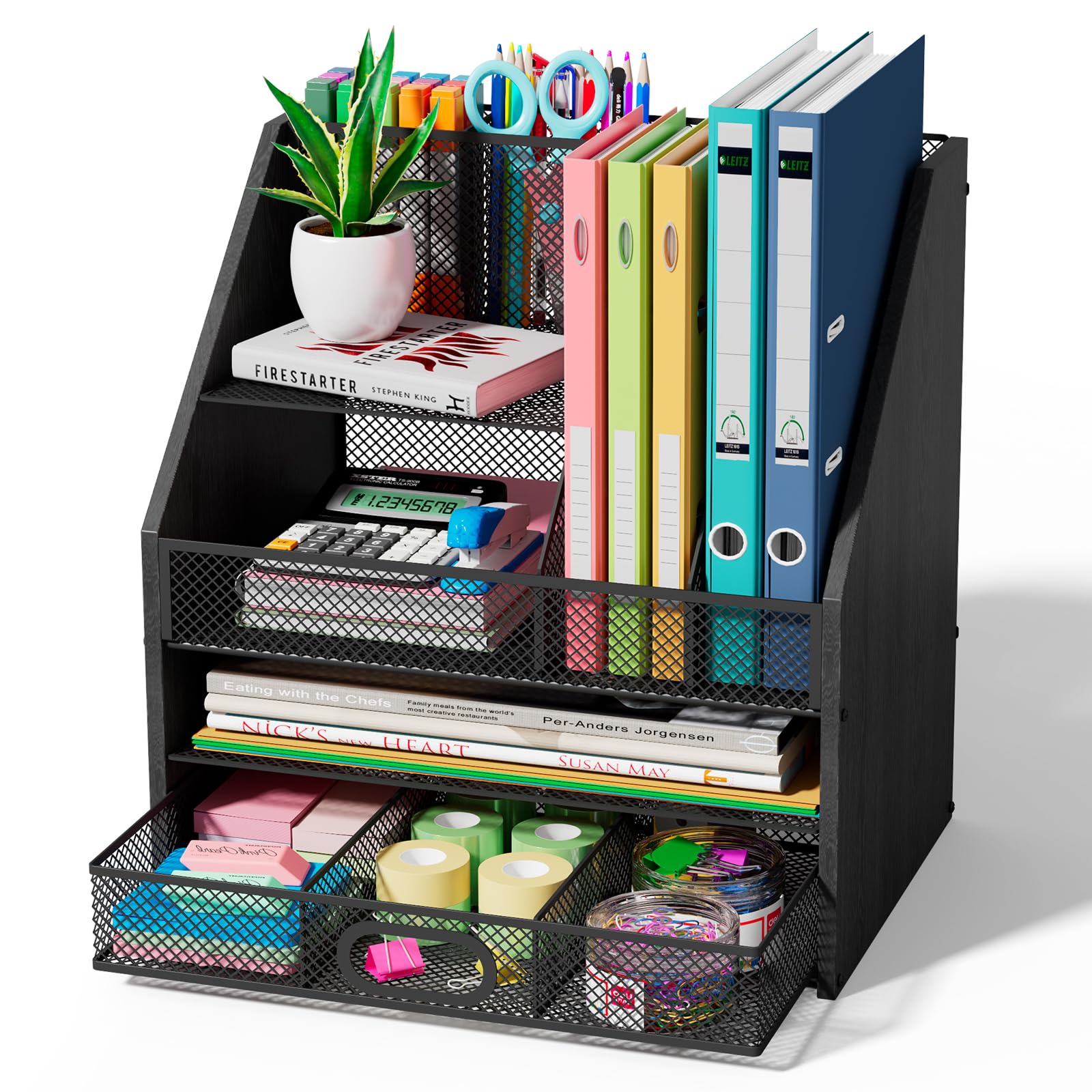 Homsorout Wooden Desk Organizer - Mesh File Organizer with Drawers and Pen Holder - 4-Tier Vertical Paper Letter Storage Tray, Desktop Organizers and Accessories for Home Office