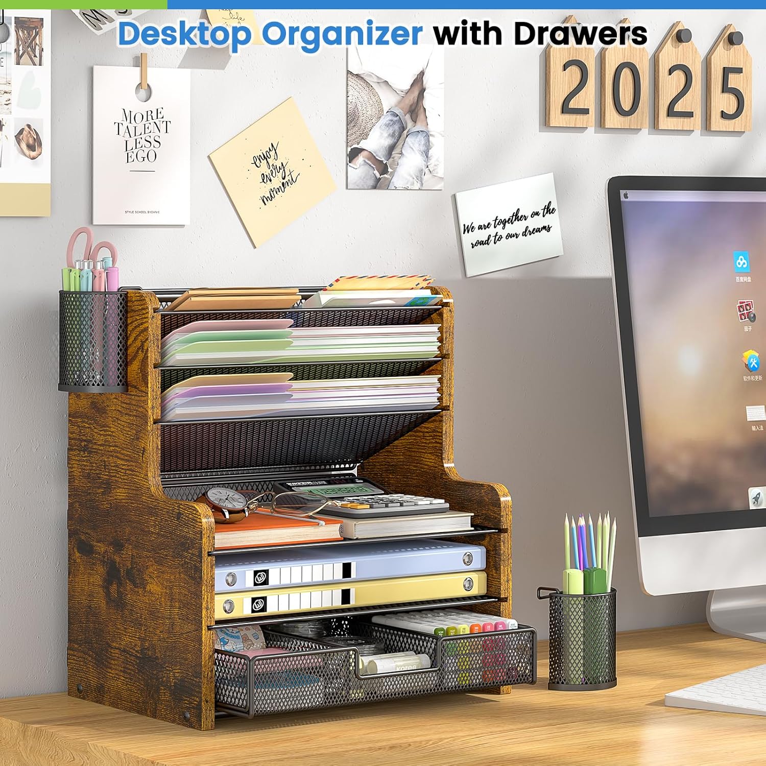 DAOUTIME 6-Tier Mesh Desk Organizer with Drawer, Wooden Office Organizer for Papers, Folders & Office Supplies - Sturdy Desktop File Holder with 2 Pen Holders - Space Saving Home Office Accessories