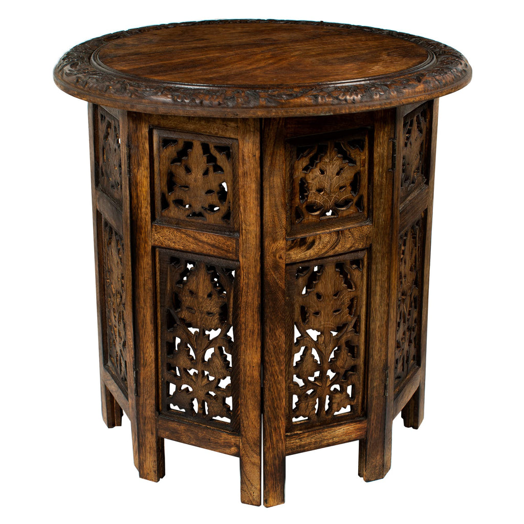 COTTON CRAFT Solid Wood Accent End Table - Hand Carved Vintage Boho Folding Side Table - Small Spaces Entryway Farmhouse Living Room Bedside - No Tools Assembly - 18x18 Octagon - Brown