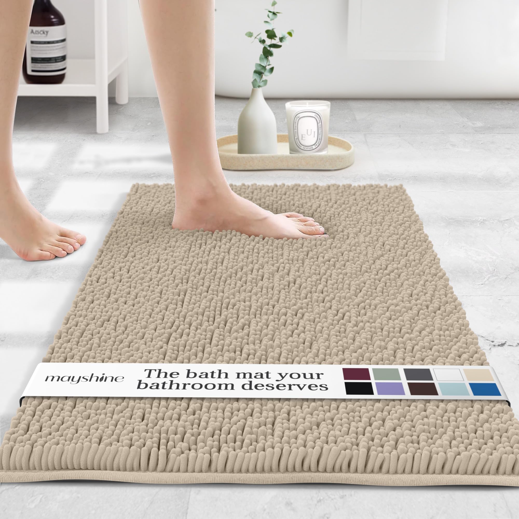 MAYSHINE Round Area Rug Set for Bathroom | Soft Plush Chenille Bath Mat, Water Absorbent Non-Slip Bathroom Rug | Washable Shag Carpet for Shower, Bedroom, or Home Décor | 36"x36" (Round) | White