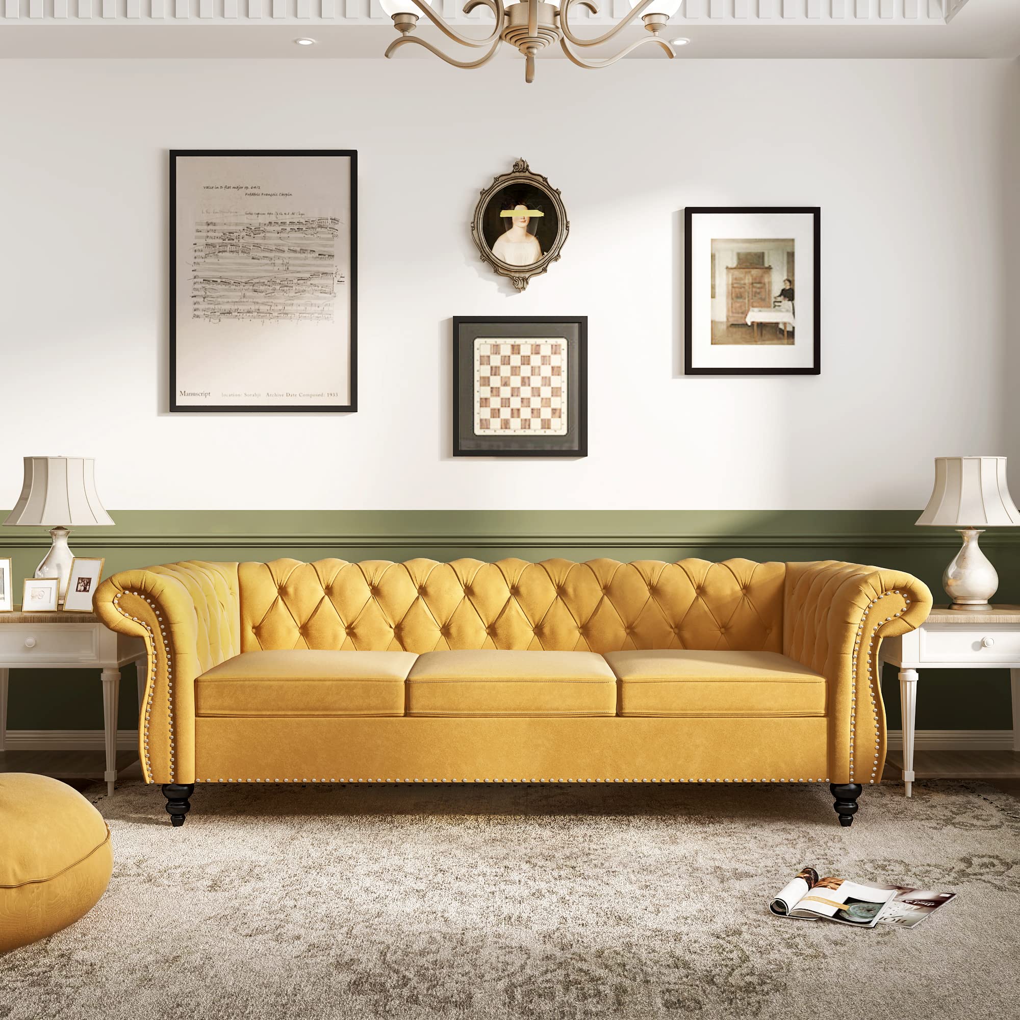 ORRD Chesterfield Loveseat, Modern Velvet Sofa Tufted Couch 2 Seater with Scroll Arms and Nailhead for Living Room, Bedroom, Office, Apartment (Beige)