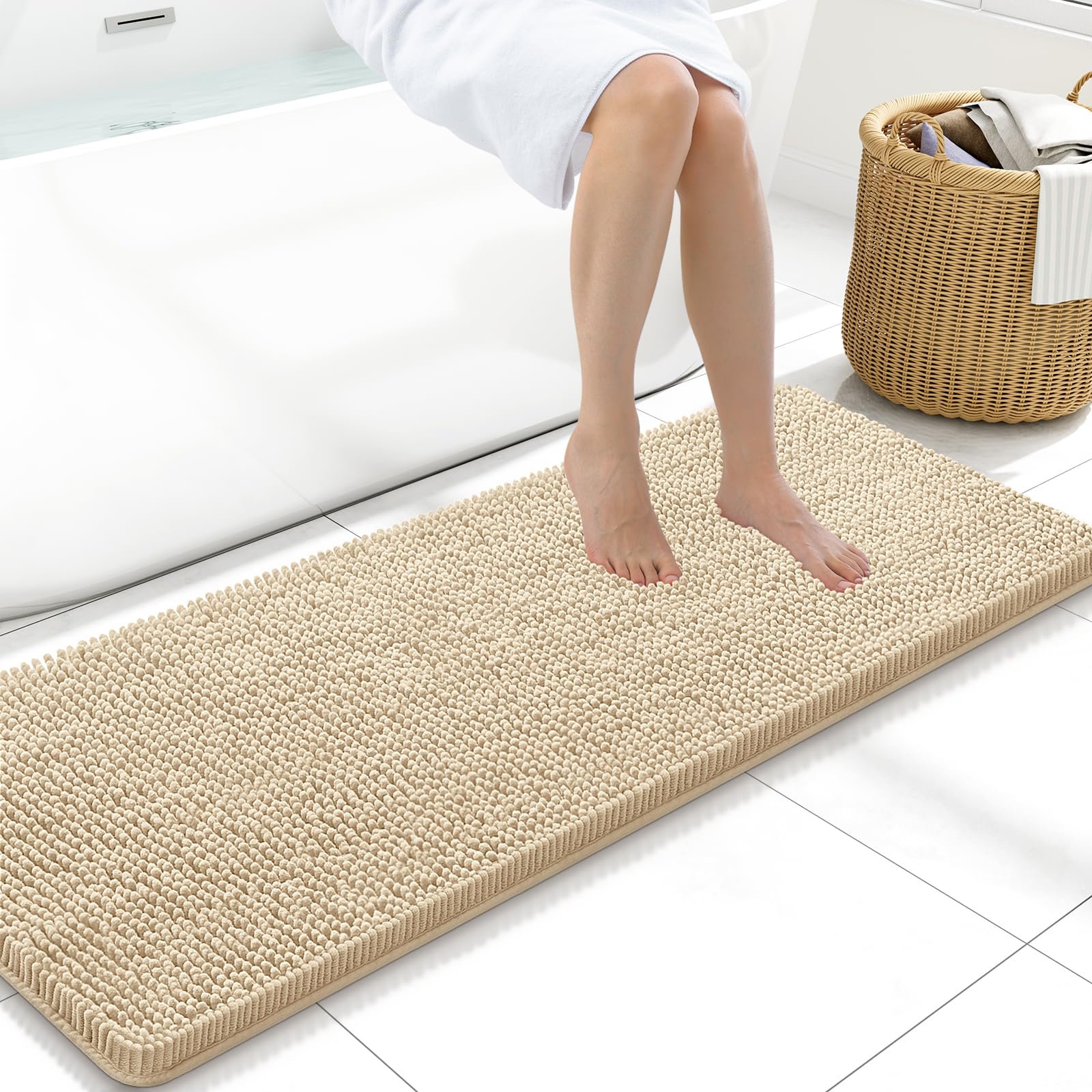 Arotive Bathroom Rugs 70x24, Extra Soft Absorbent Shaggy Chenille Bath Rugs, Machine Washable Rubber Backing Non-Slip Bath Mats for Bathroom Floor Tub and Shower, Home Decor Accessories, Beige