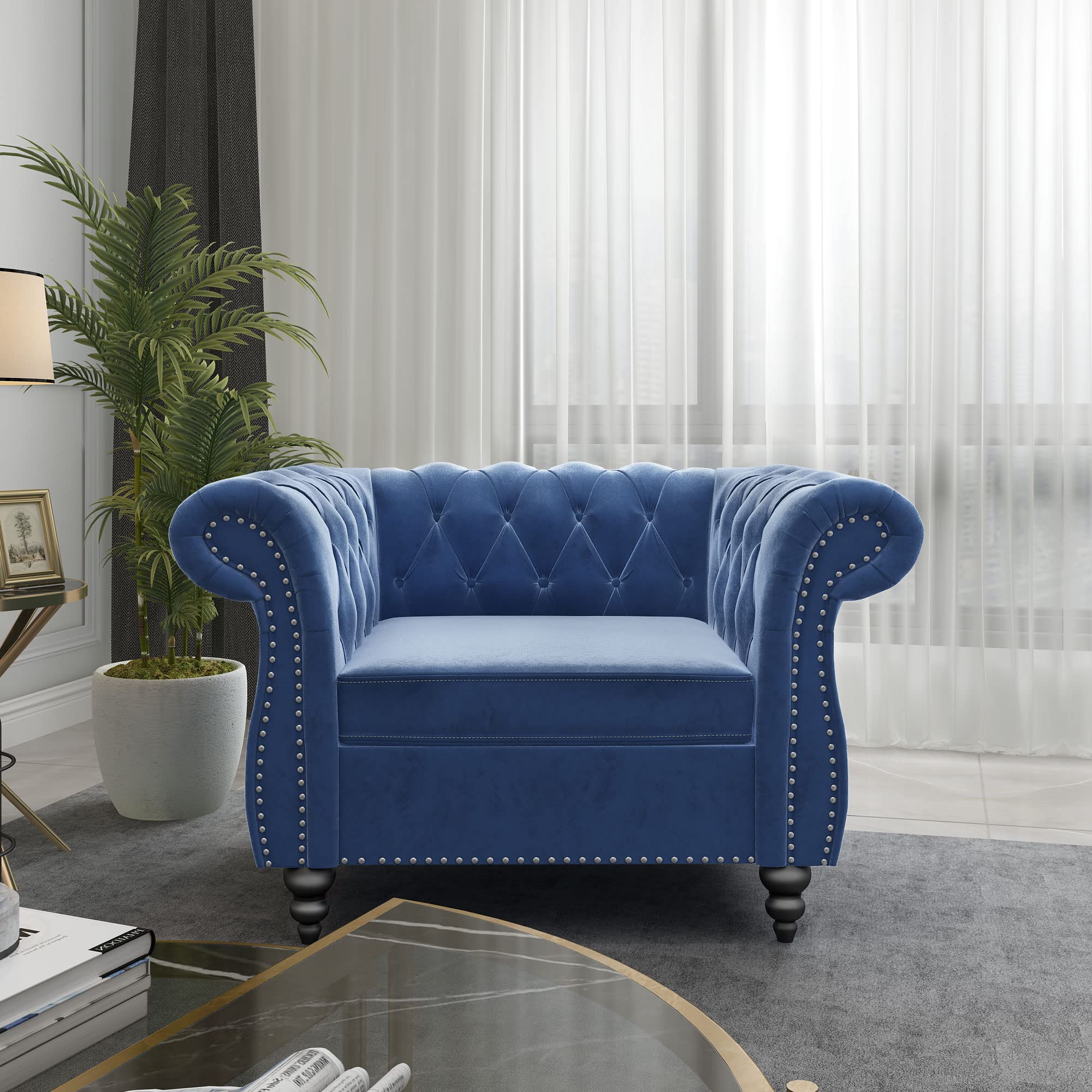 ORRD Chesterfield Loveseat, Modern Velvet Sofa Tufted Couch 2 Seater with Scroll Arms and Nailhead for Living Room, Bedroom, Office, Apartment (Beige)