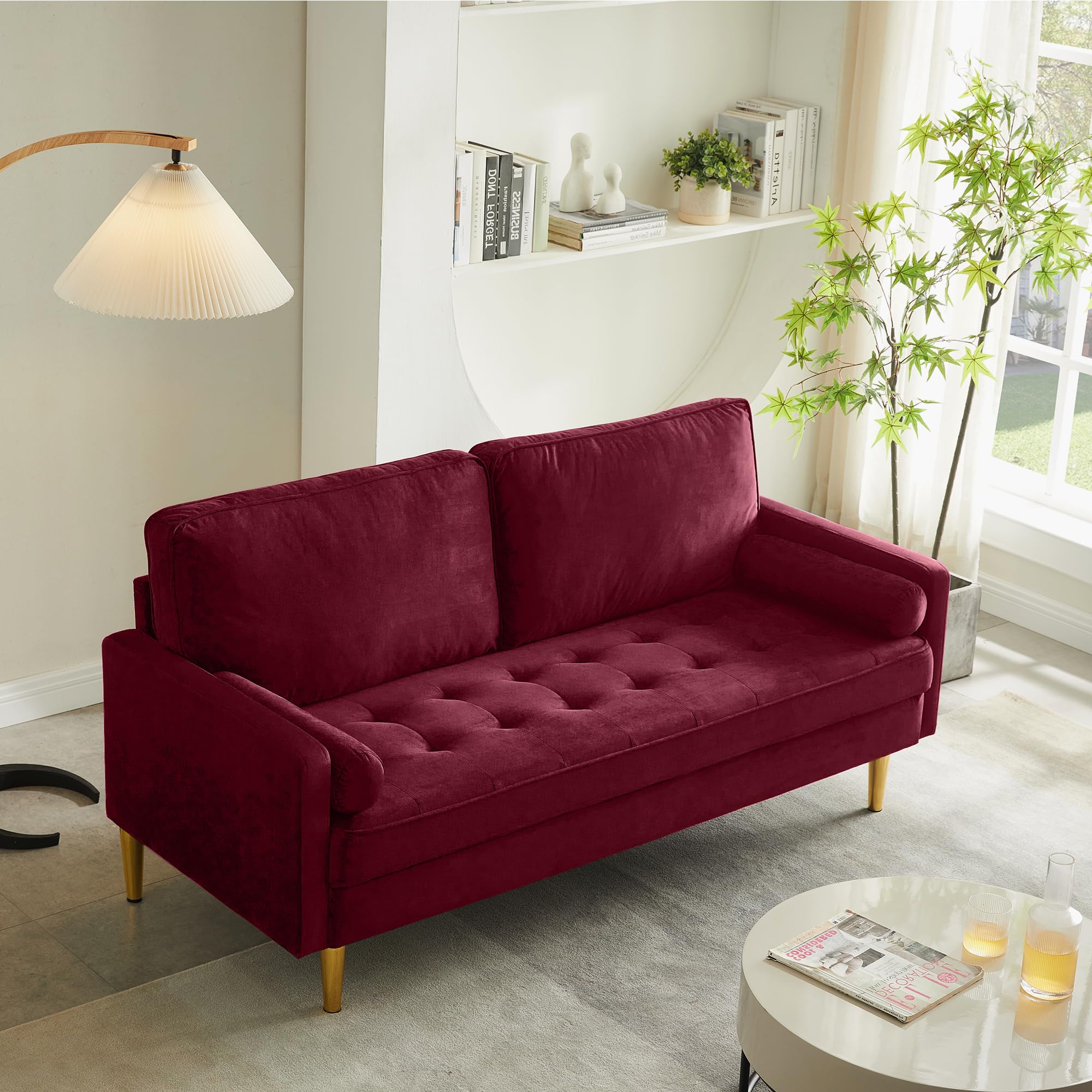 67" Mid Century Modern Loveseat Sofa, 2-Seater Velvet Tufted Love Seat Couch with Bolster Pillows, Golden Frosted Legs for Small Space, Living Room, Apartment, Bedroom (Green)