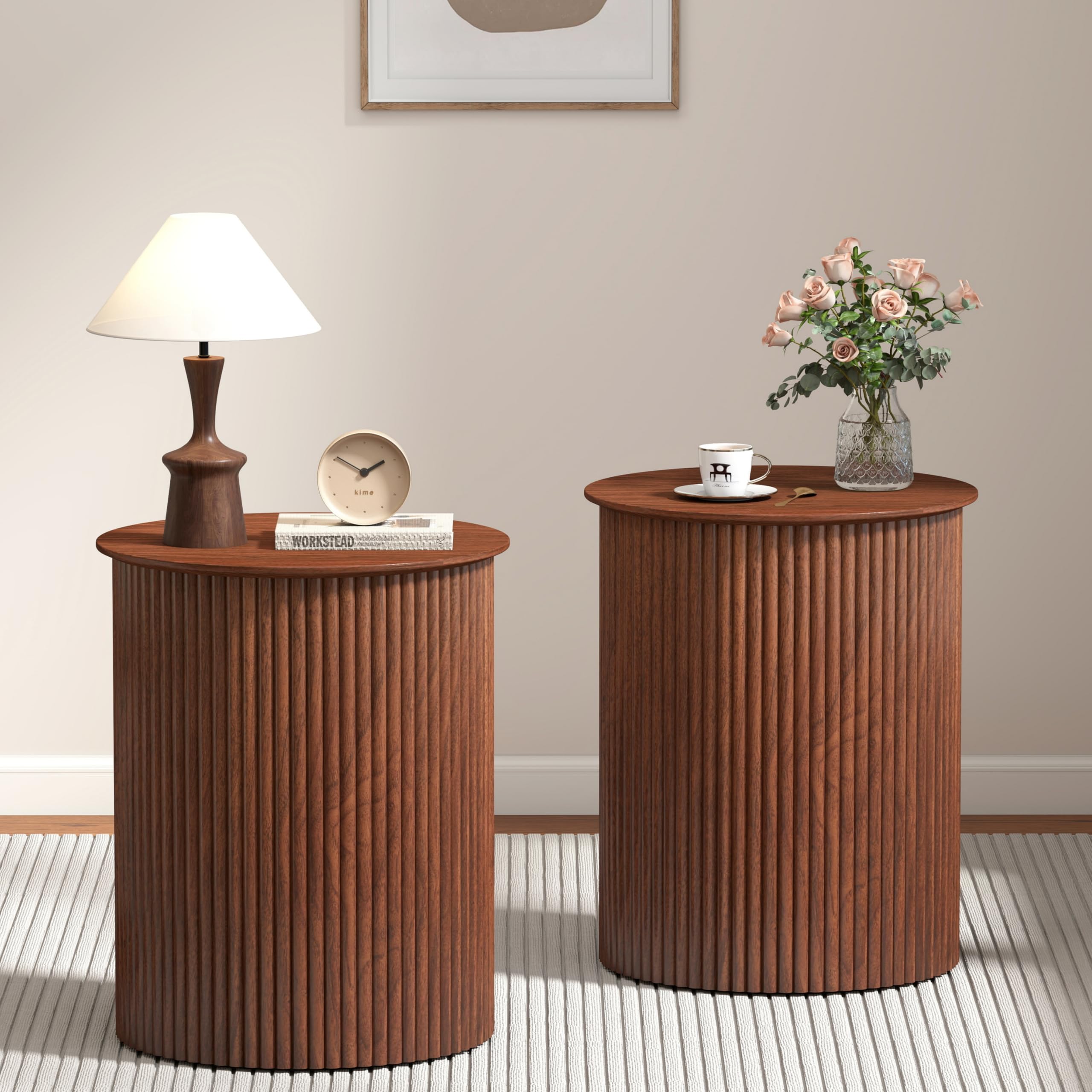 AVZEAR Small Round Side Table Fluted Night Stand Set of 2, Mid Century Modern End Table with Storage, Circle Bedside Tables Wood Nightstands for Small Spaces, Living Room, Bedroom (Black)
