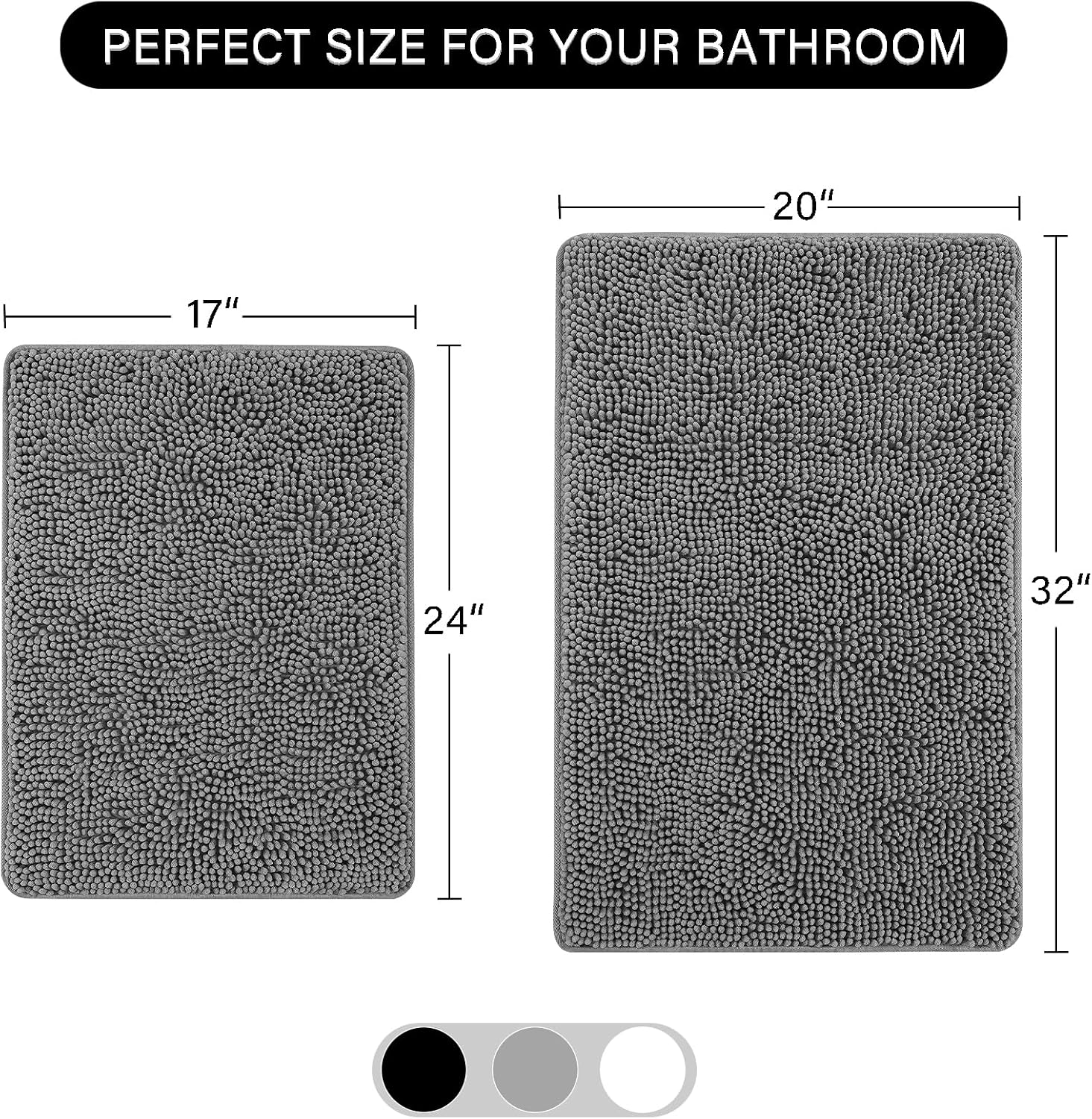LOCHAS Bathroom Rugs Sets 2 Piece, 17 x 24 Plus 20 x 32 Inches Thick Non Slip Bath Rug Set, Absorbent Soft Chenille Bath Rug, Machine Washable Quick Dry Bath Mat for Bathroom Floor, Grey