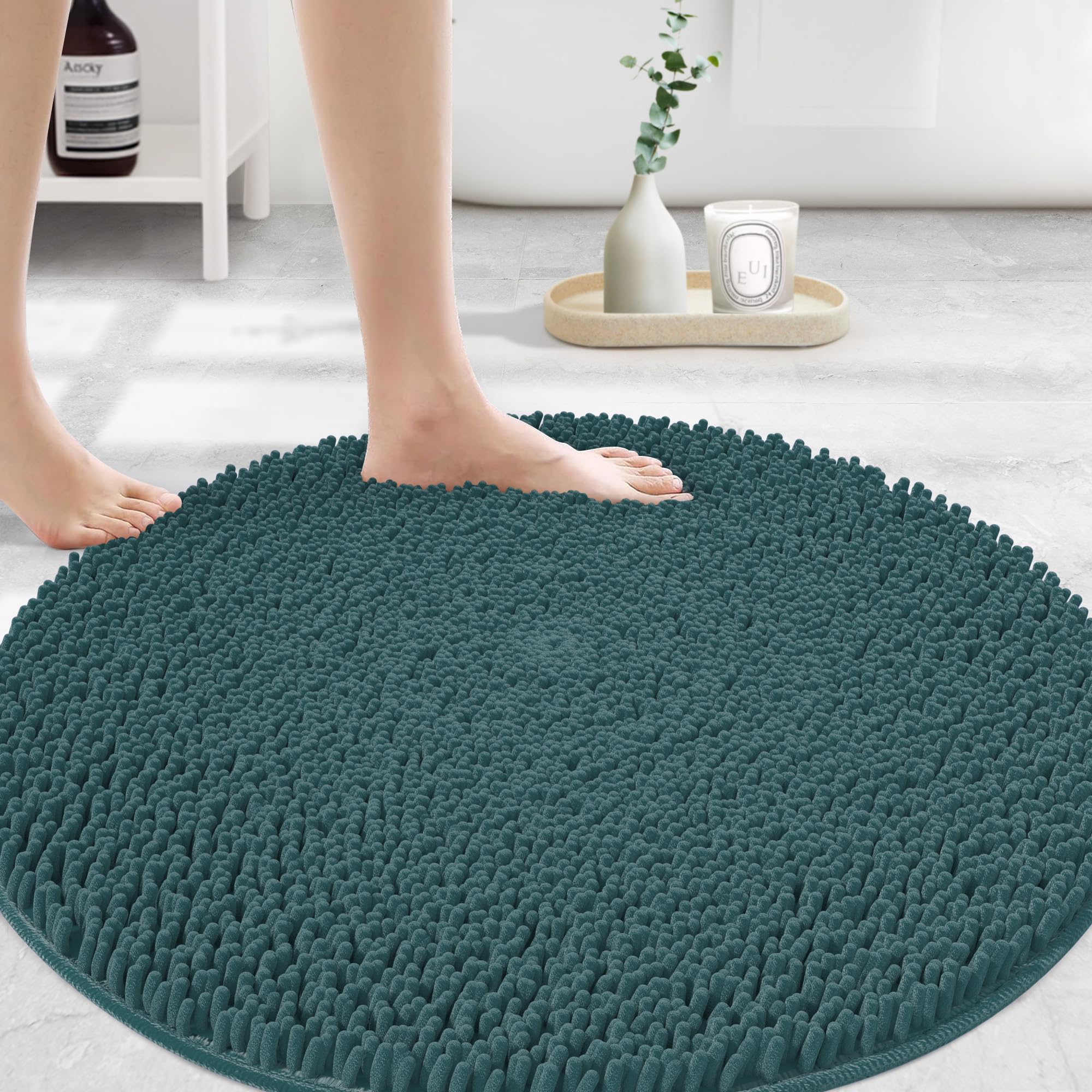 MAYSHINE Round Area Rug Set for Bathroom | Soft Plush Chenille Bath Mat, Water Absorbent Non-Slip Bathroom Rug | Washable Shag Carpet for Shower, Bedroom, or Home Décor | 36"x36" (Round) | White