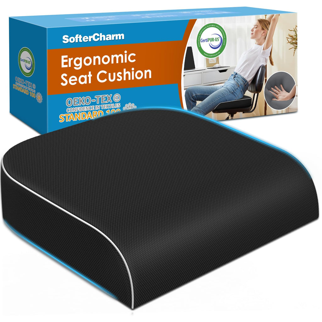Seat Cushion, Memory Foam Office Chair Cushions for Long Sitting Hours, Chair Pad for Sciatica, Coccyx, Tailbone, Hip Pain & Pressure Relief, Office, Home, Car Seats, Airplane, Black/Large