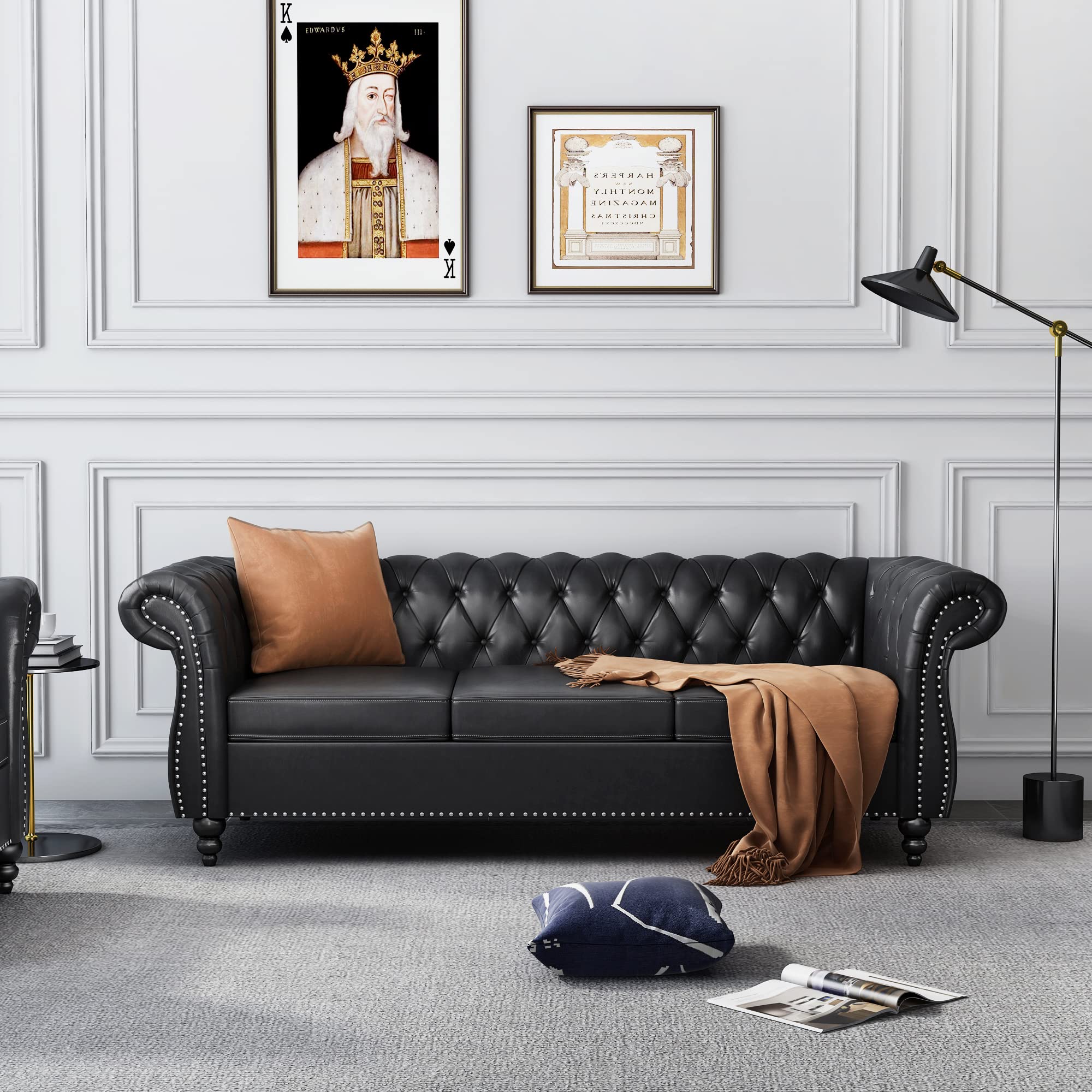 ORRD Chesterfield Loveseat, Modern Velvet Sofa Tufted Couch 2 Seater with Scroll Arms and Nailhead for Living Room, Bedroom, Office, Apartment (Beige)