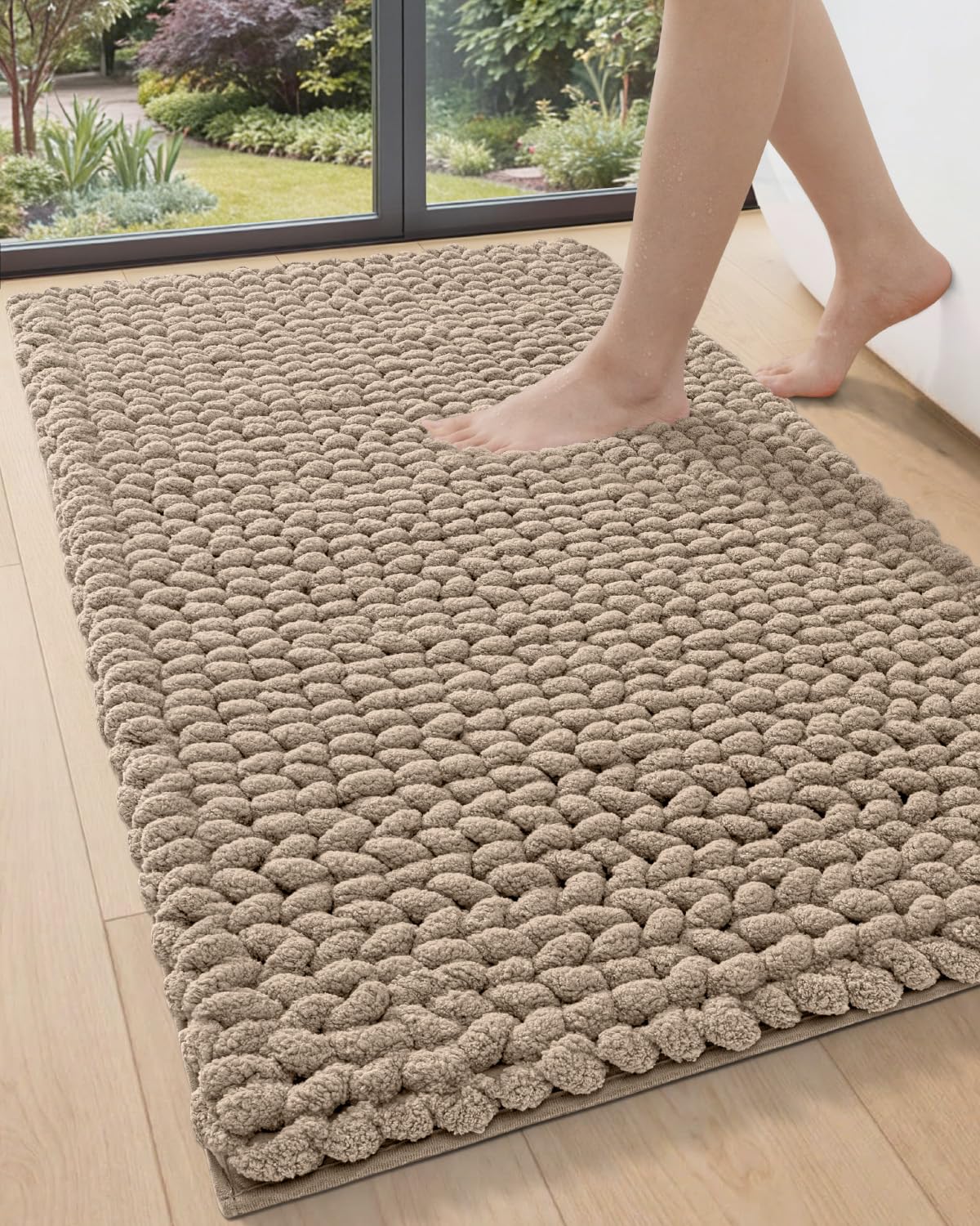 DEXI Bathroom Rugs 24x36, Non Slip Washable Bath Mat, Luxury Chenille Super Absorbent Ultra Thick Bathmats for Shower Floor, Plush Fluffy Shaggy Carpet for Tub, Beige