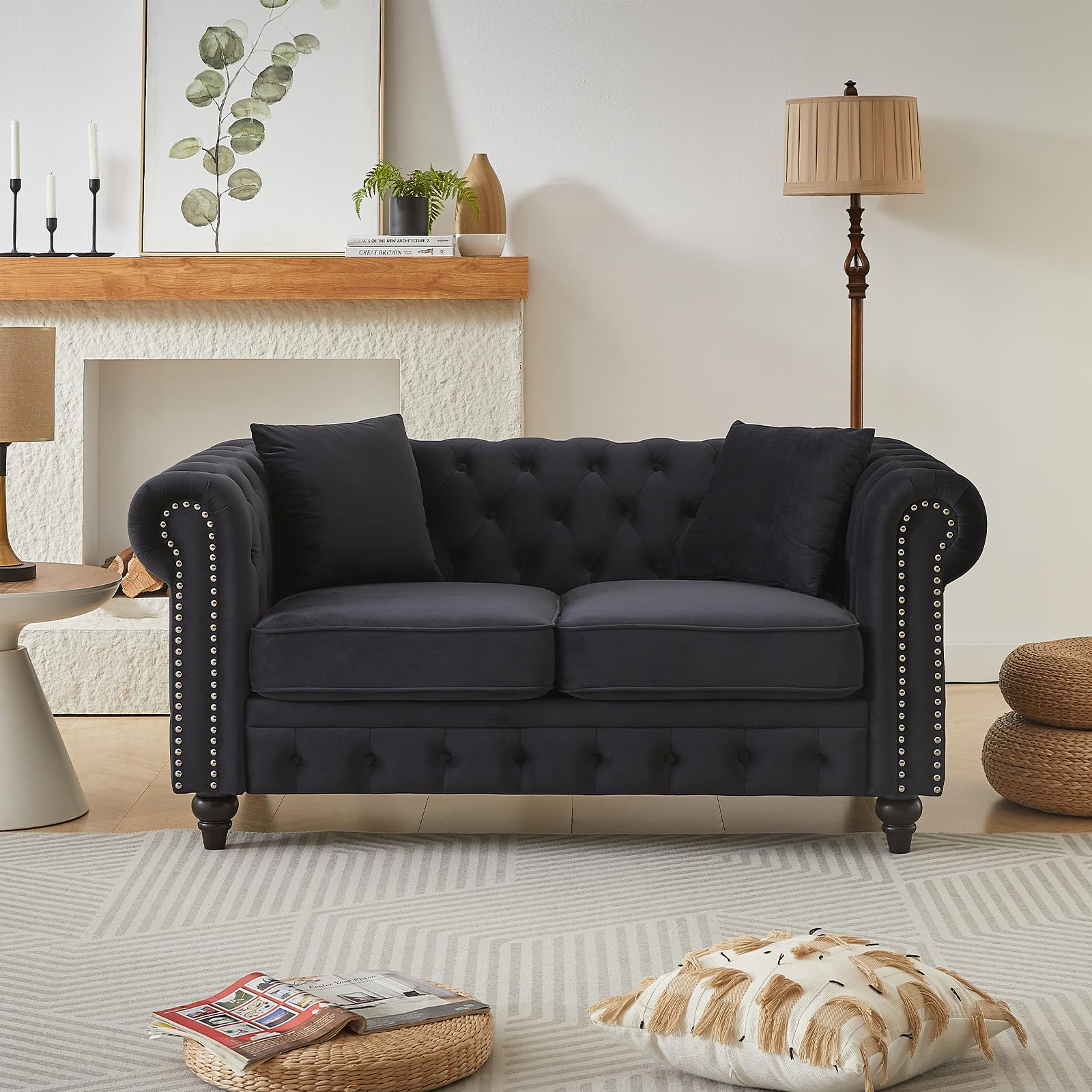 Modern Chesterfield Sofa Set for Living Room, 2 Piece Velvet Fabric Furniture Sets 3 Seater Couch&Loveseat Sofa with Rolled Arms and Tufted Button, Office, Light Grey